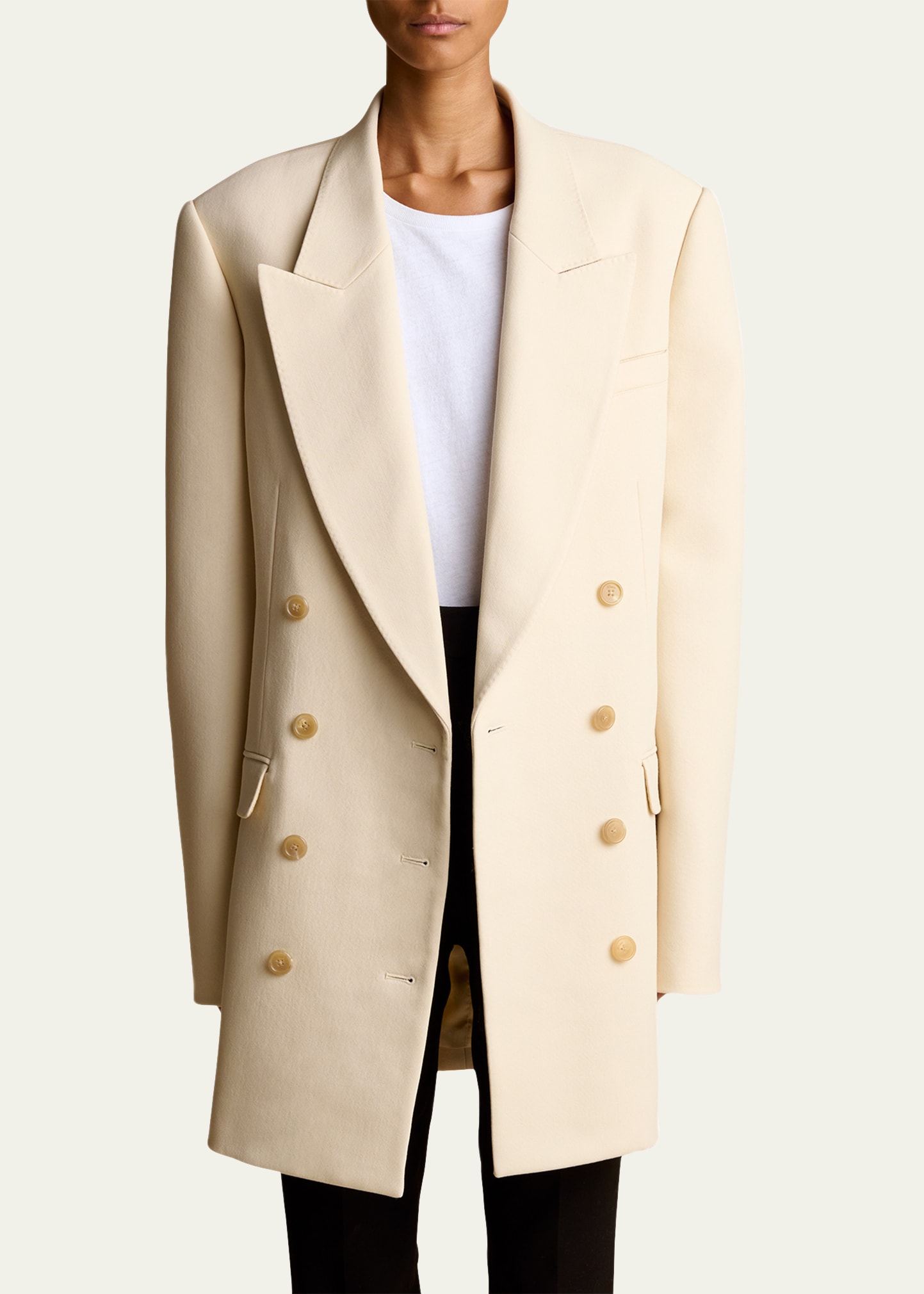 Khaite Nathan Double-breasted Blazer Jacket With Padded Shoulders In Custard