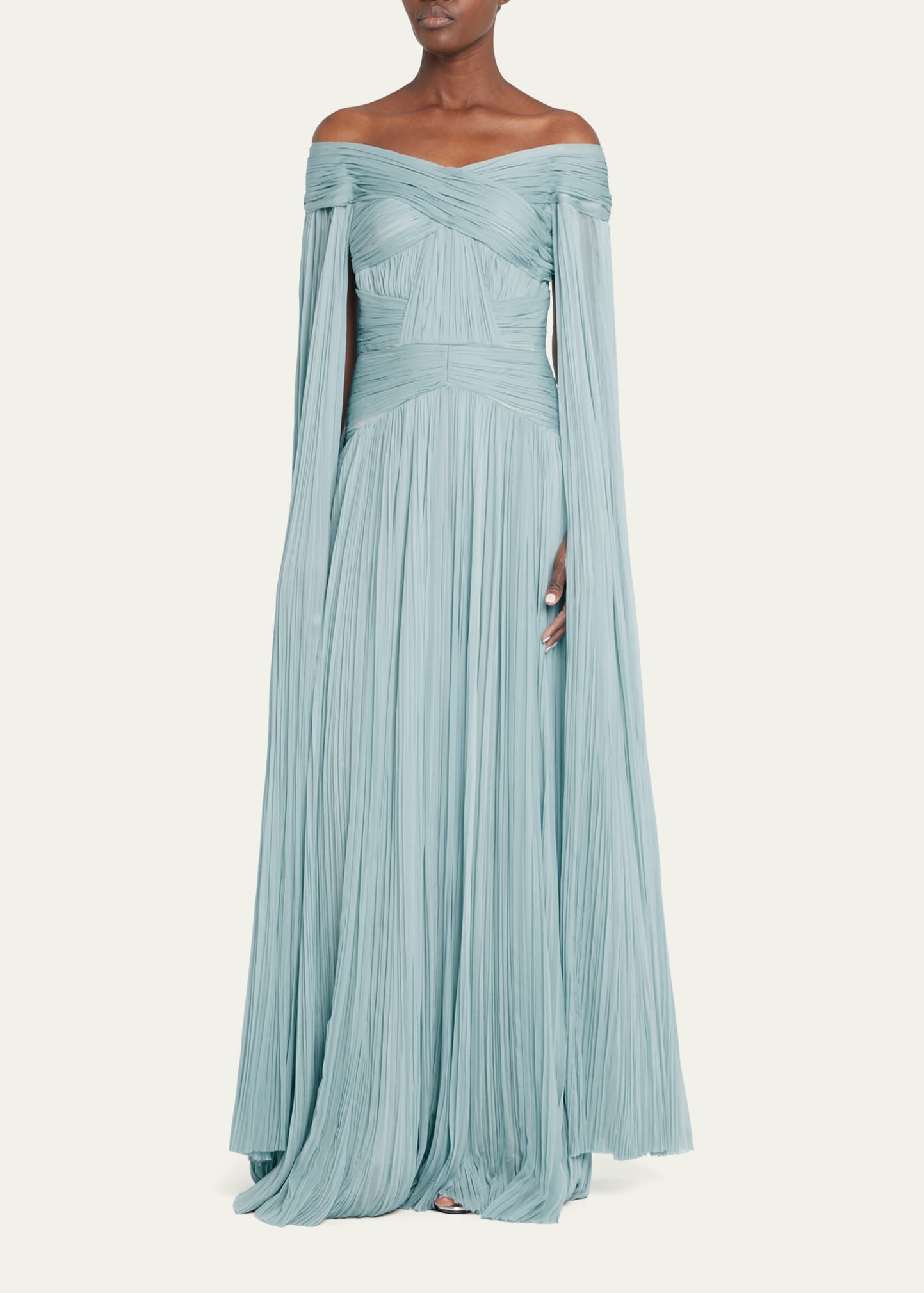 J. Mendel Cape Hand-Pleated Off-the-Shoulder Gown