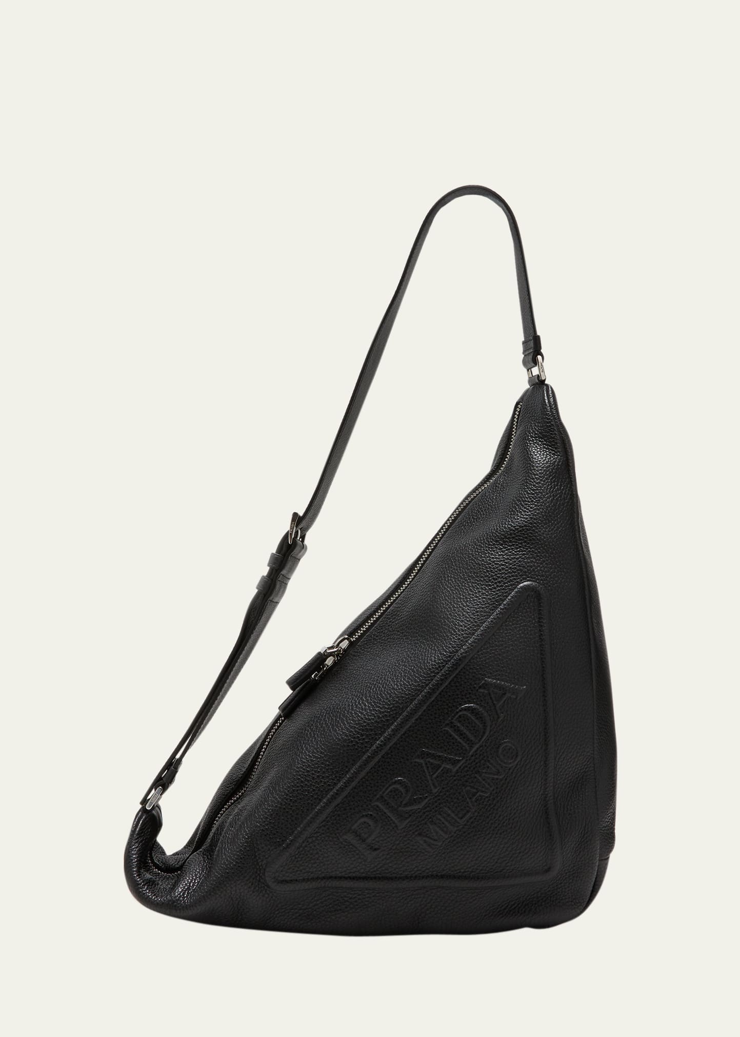 Prada Men's Triangle Leather Shoulder Bag In Nero