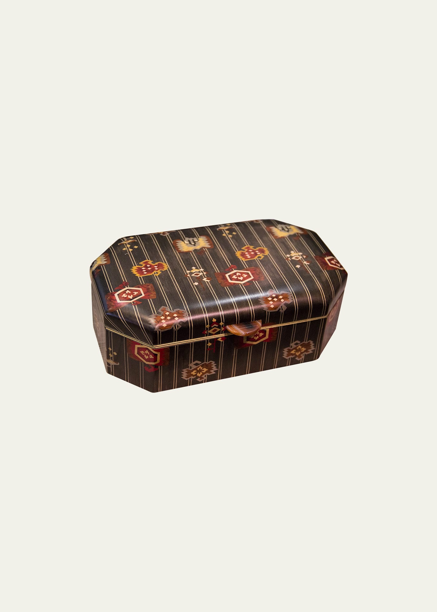 Wood Box With Brown Stripes Marquetry And Tribal Symbols