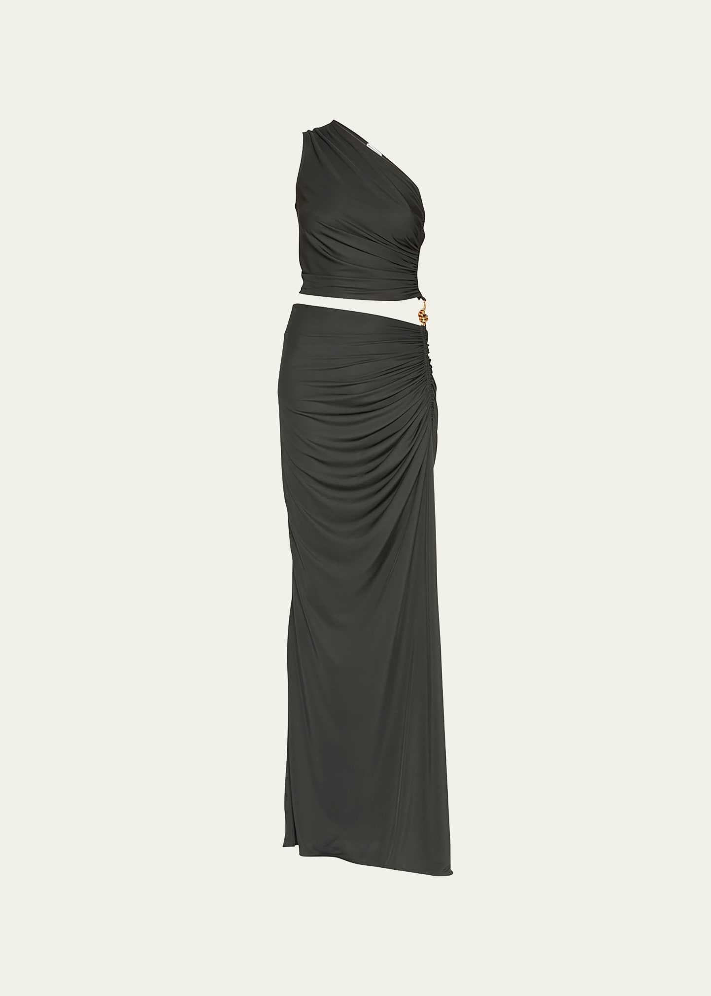 Ruched One-Shoulder Gown with Knot Detail