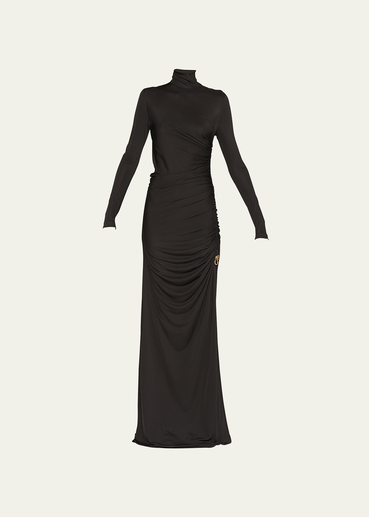 Shop Bottega Veneta Ruched High-neck Jersey Gown With Knot Detail In Biscotto