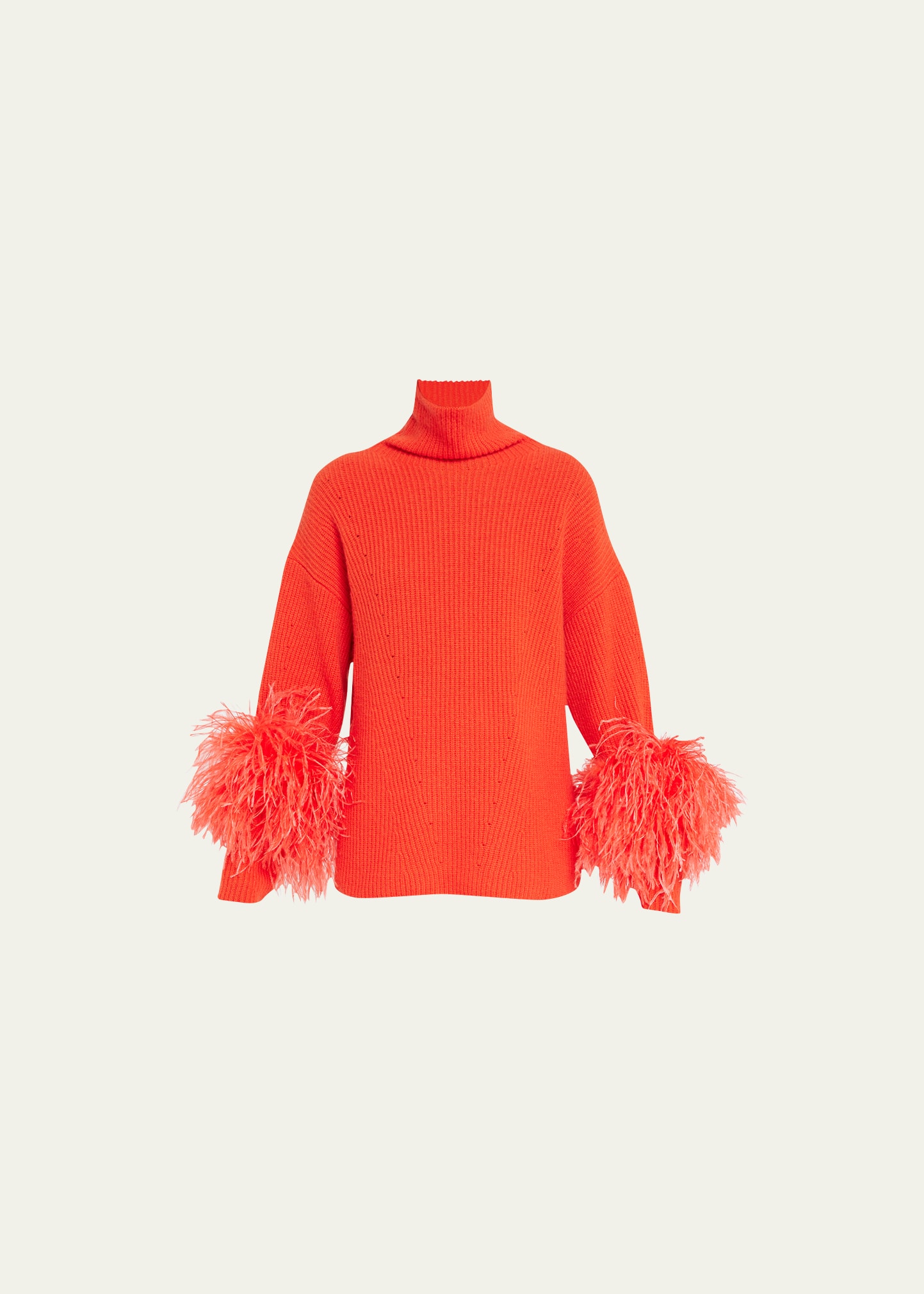 Ribbed Turtleneck Feather-Sleeve Cashmere Sweater