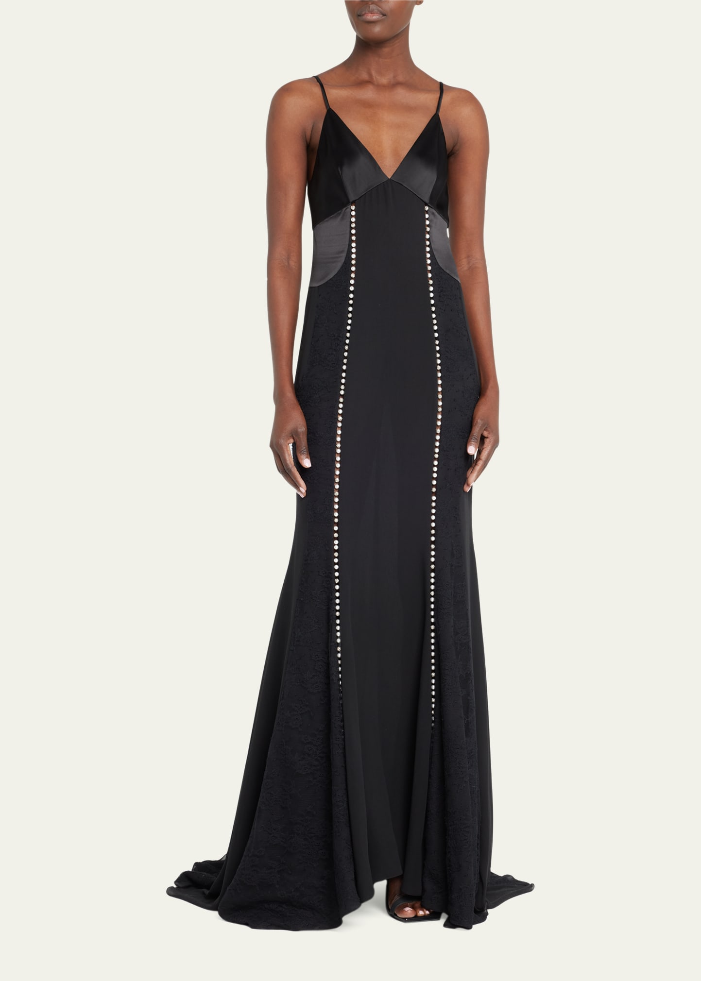 Embellished Silk Gown with Lace Panel Detail