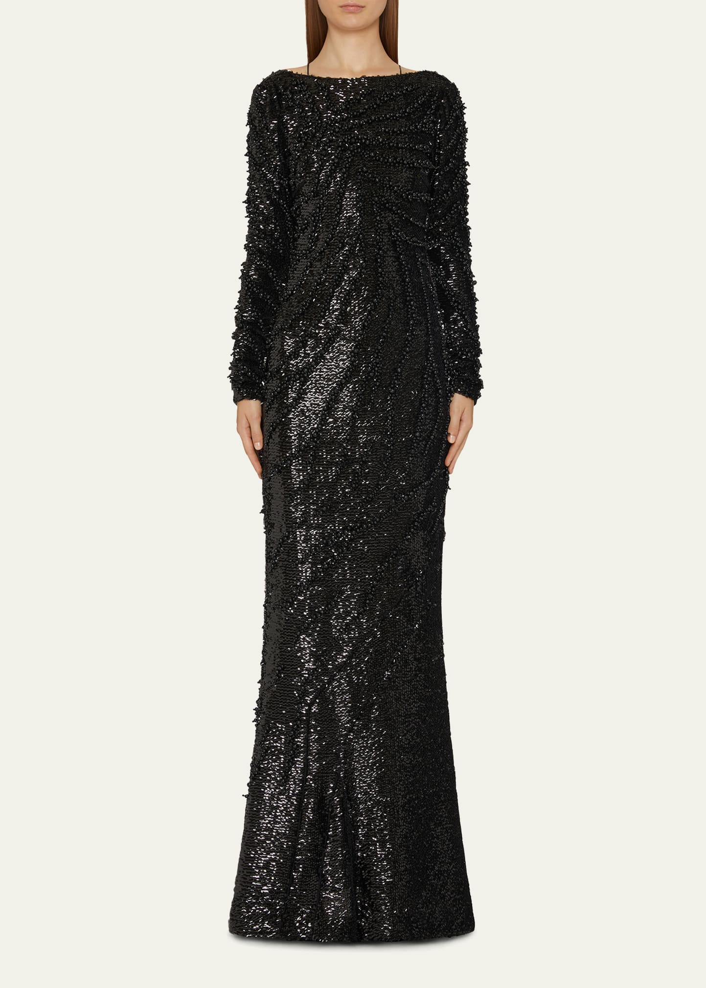 Sequin-Embellished Mermaid Boat-Neck Gown