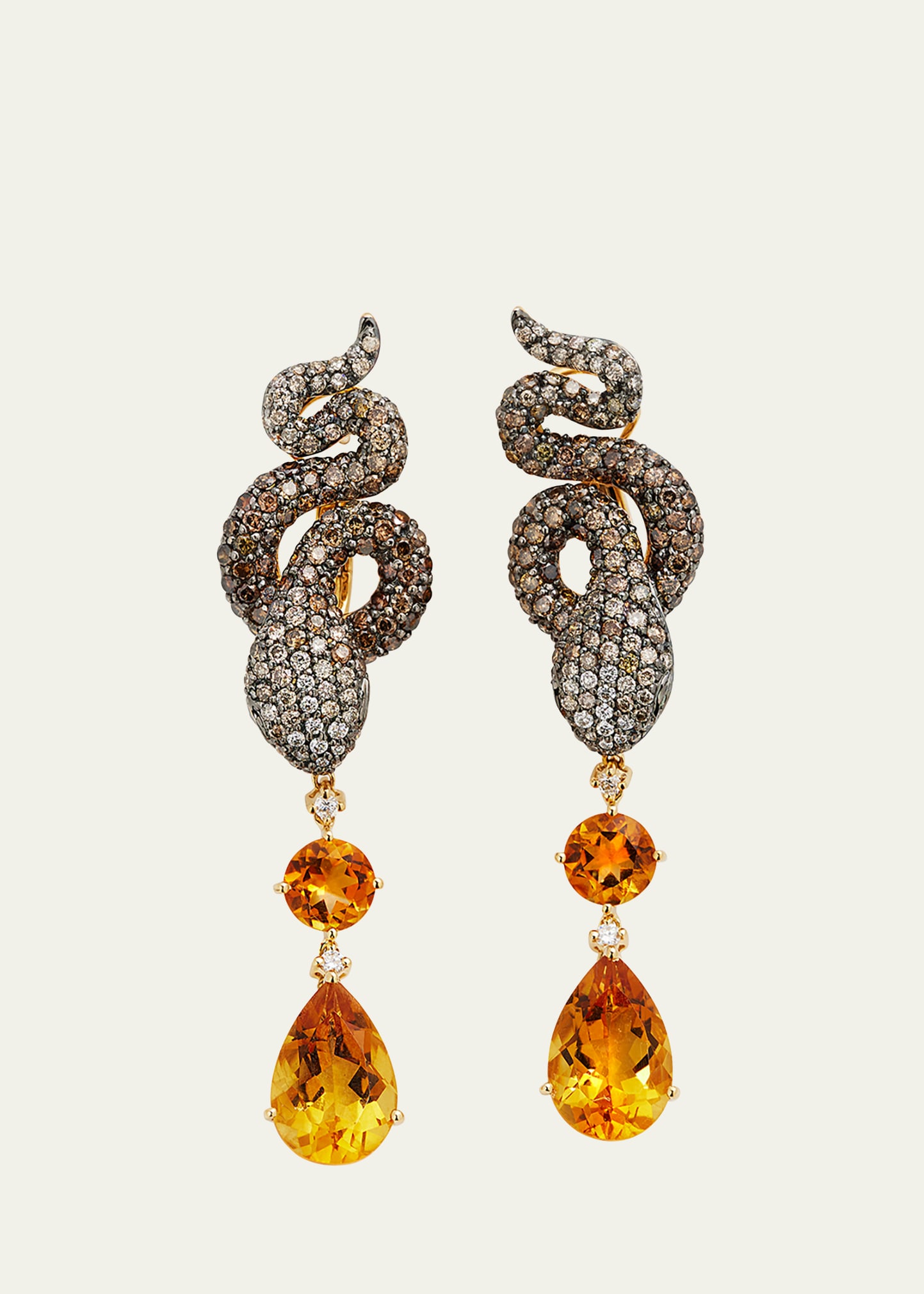 Yellow Gold Brown Diamond, Citrine, Green Garnet and White Diamond Earrings from The Snake Collection