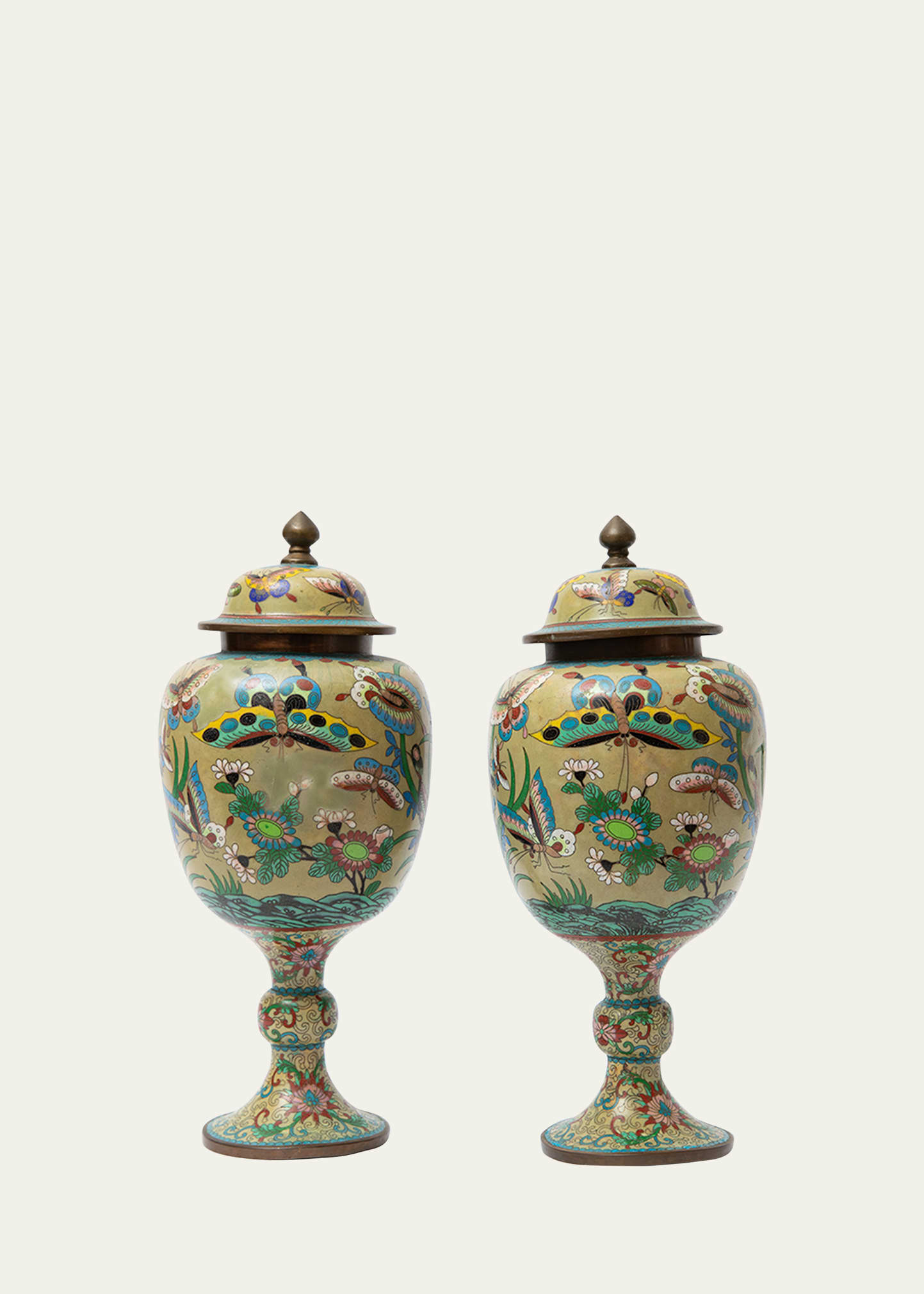 Antique Chinese Cloisonne Covered Urns, Set of 2