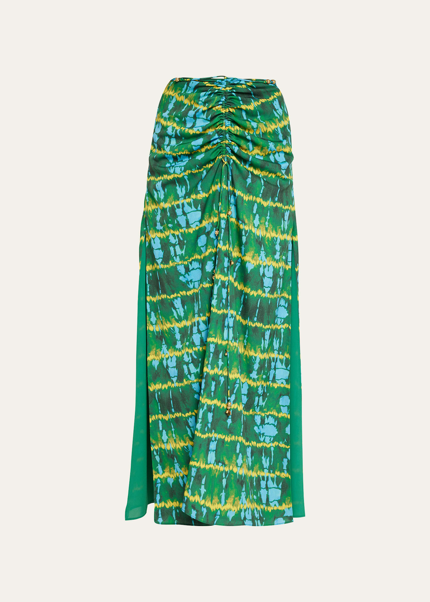 Safia Ruched Waist-Tie Side-Slits Tie-Dye Maxi Skirt