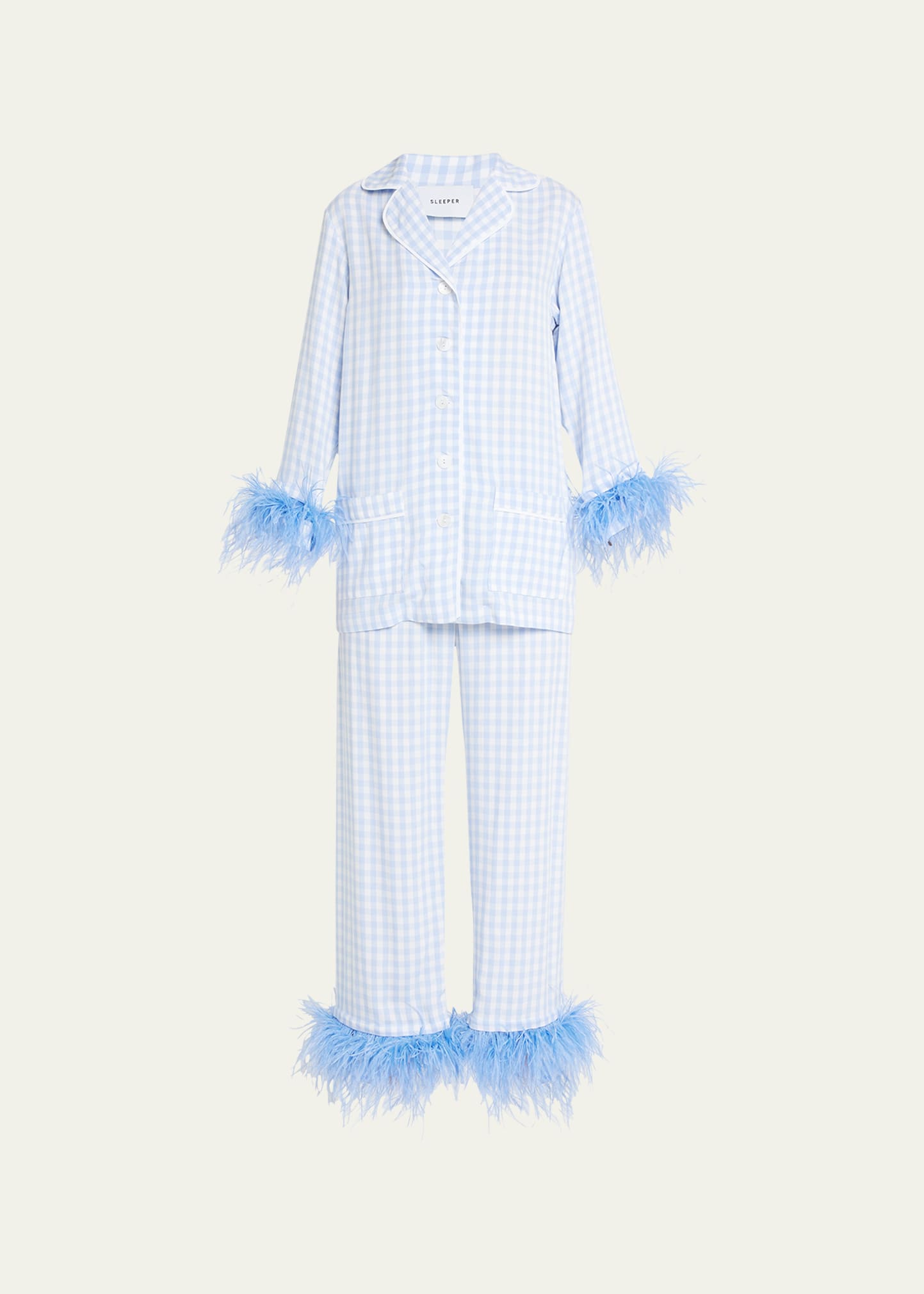 Sleeper Party Pajama With Detachable Feathers In Blue Vichy In Blue