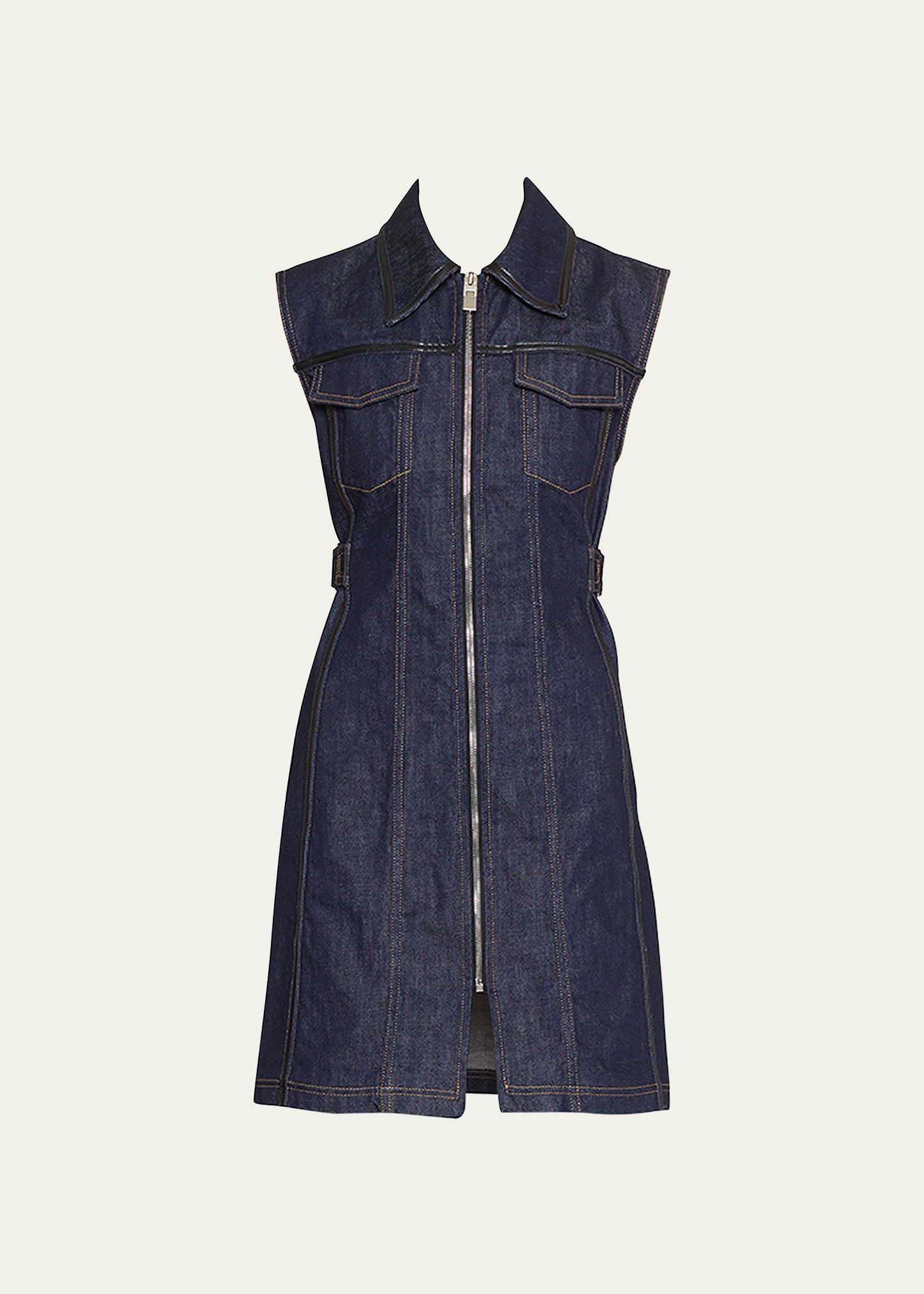 Zip Front Denim Short Dress w/ Leather Piping