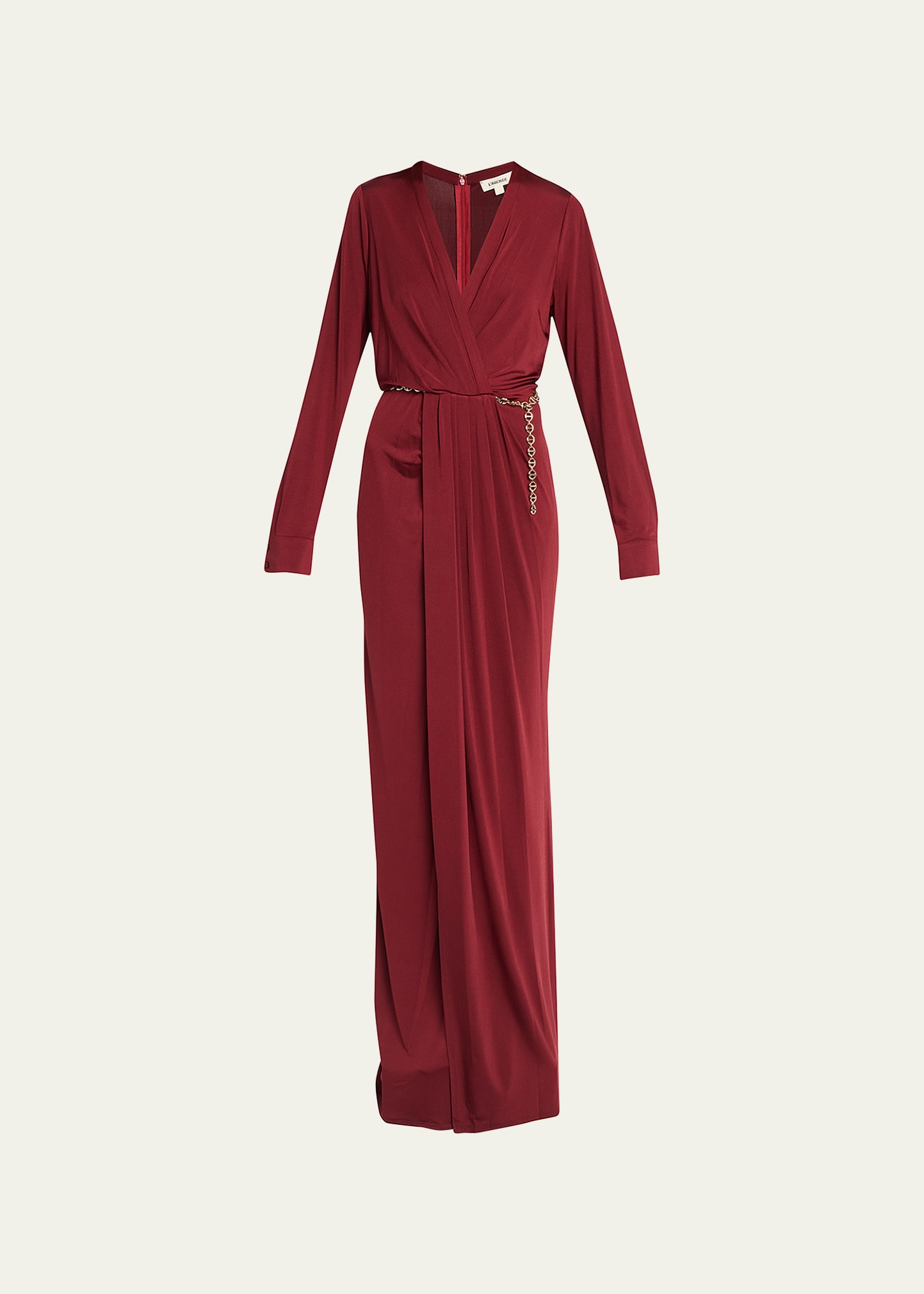 L'agence Thea Twist Front Chain Long Sleeve Gown In Black Cher