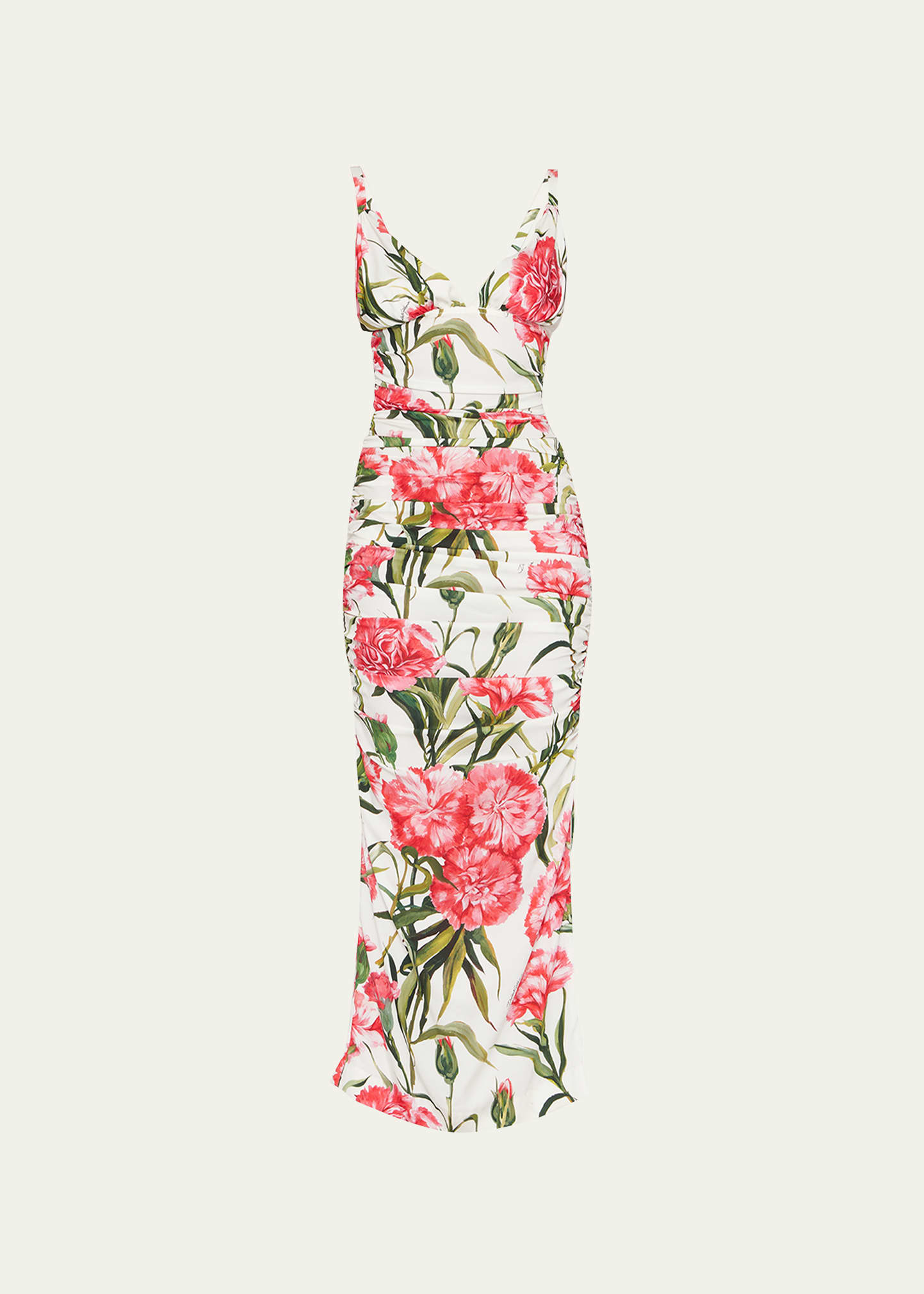 Dolce & Gabbana Carnation Print Charmeuse Midi Dress In Natwhite
