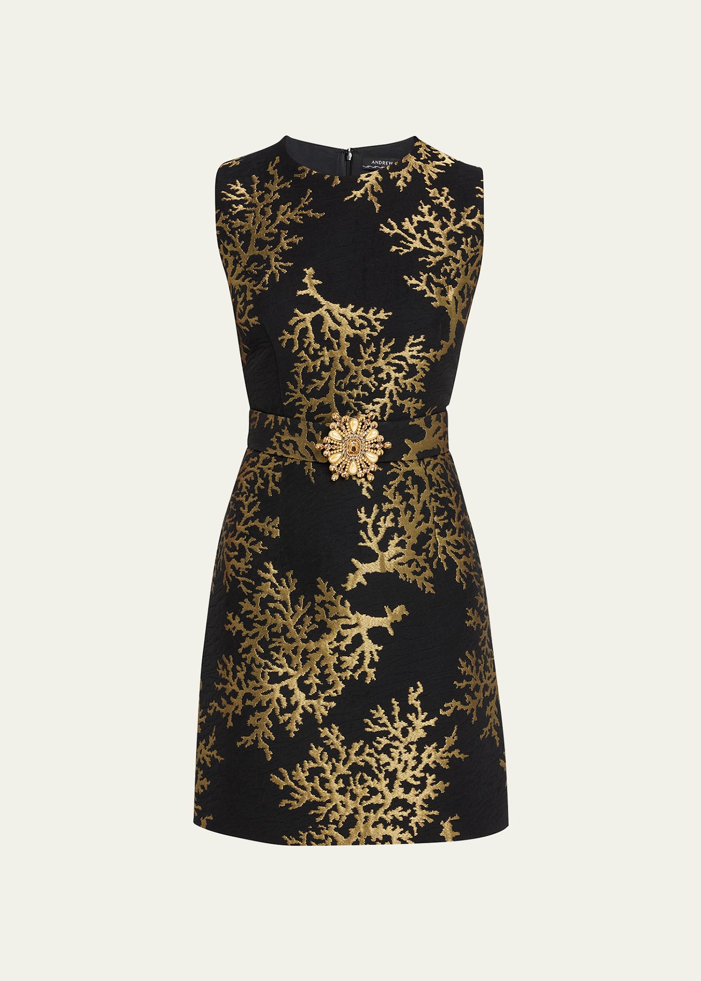 Andrew Gn Coral Jacquard Belted Mini Dress In Blackgold | ModeSens