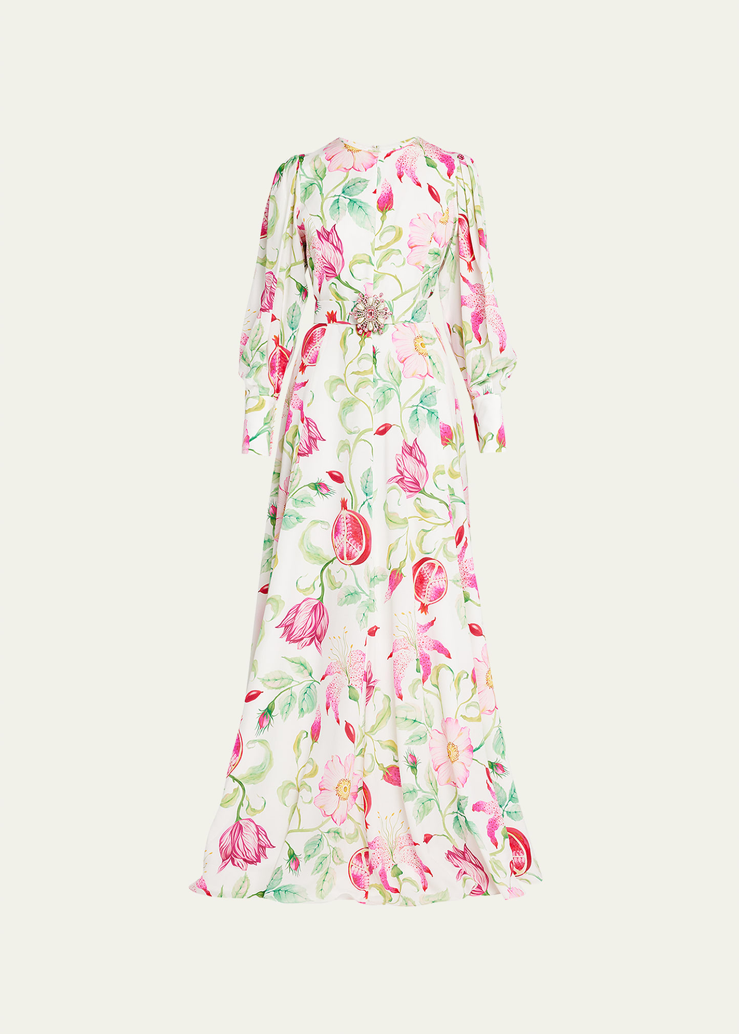 Floral-Print Puff-Sleeve Belted Silk Gown