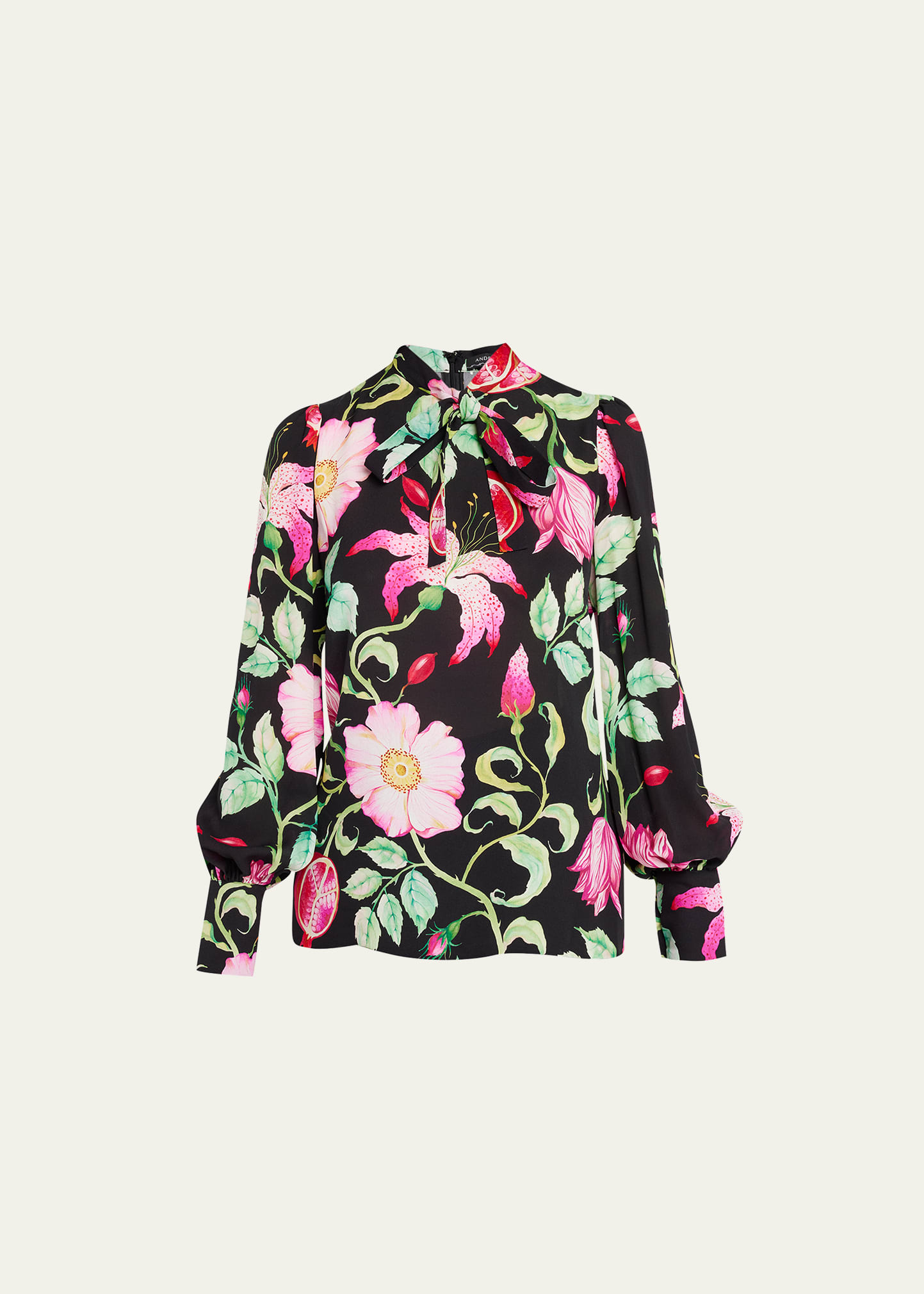 Floral-Print Neck-Tie Long-Sleeve Silk Top