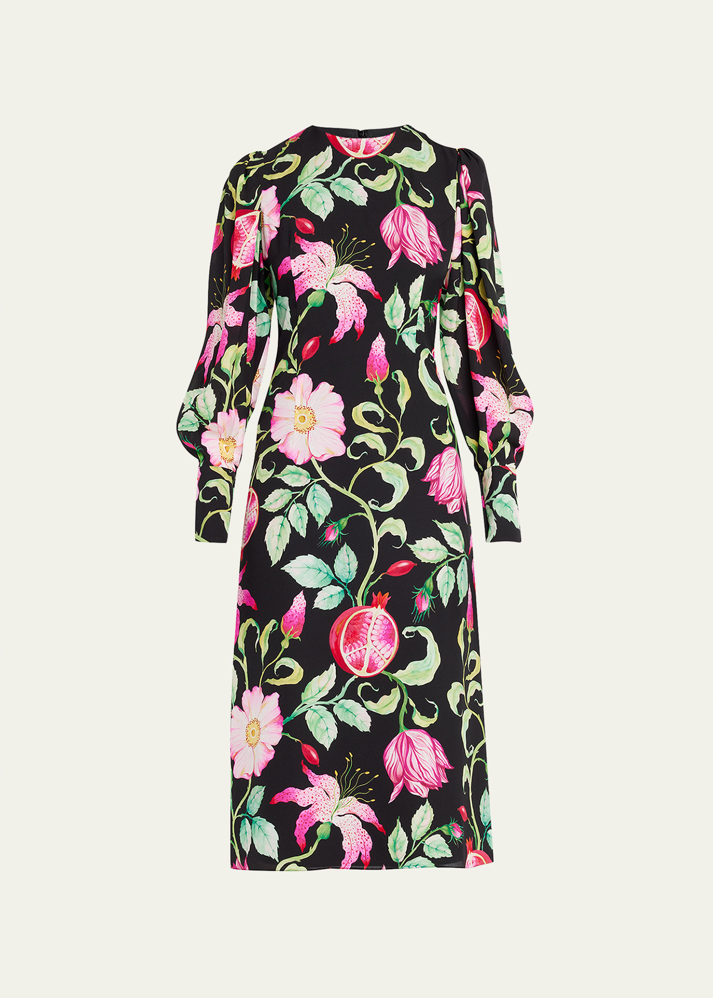 Floral-Print Long Puff-Sleeve Midi Dress