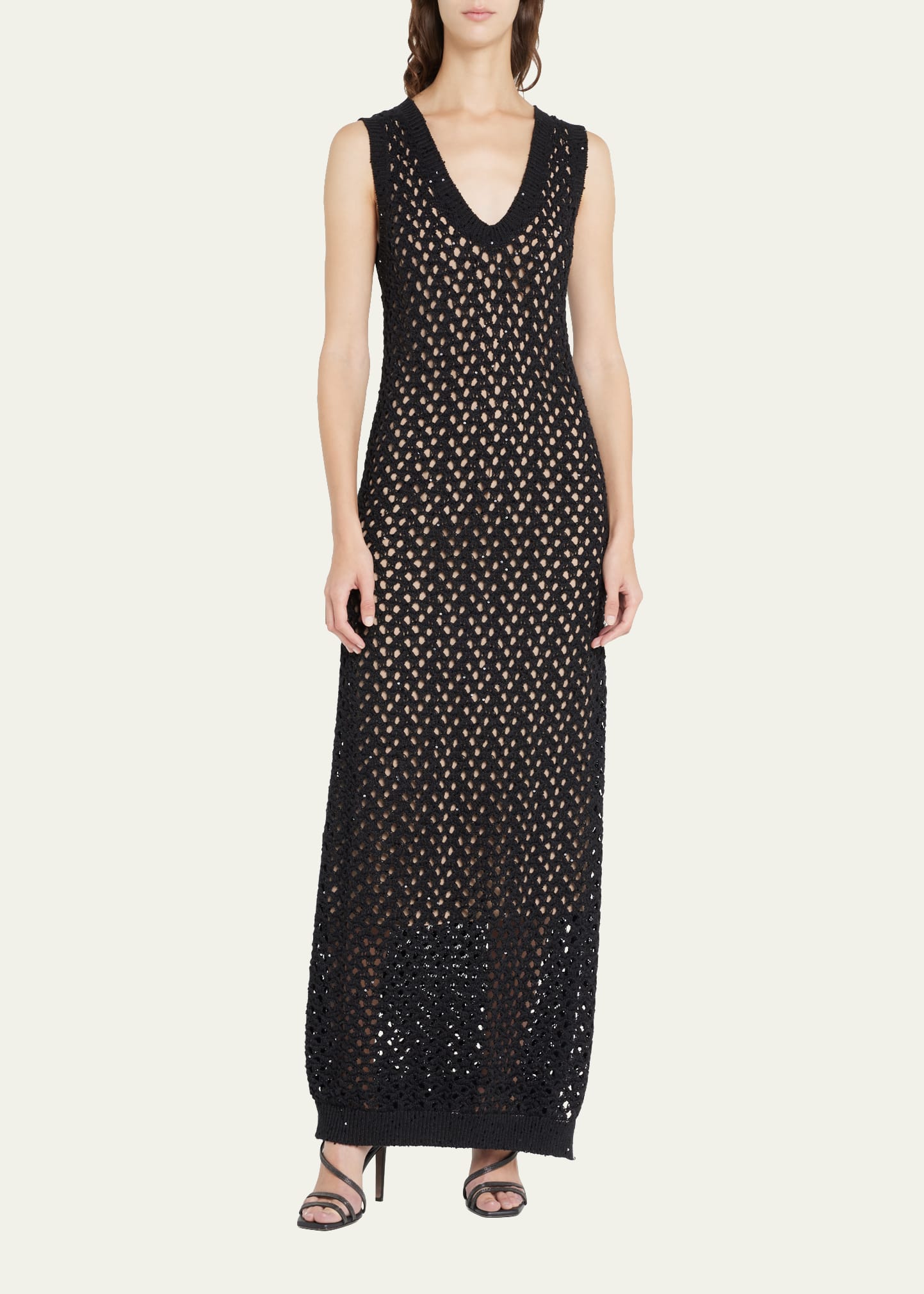 Brunello Cucinelli Crochet Sequin-embellished Maxi Dress In Cj101 Black