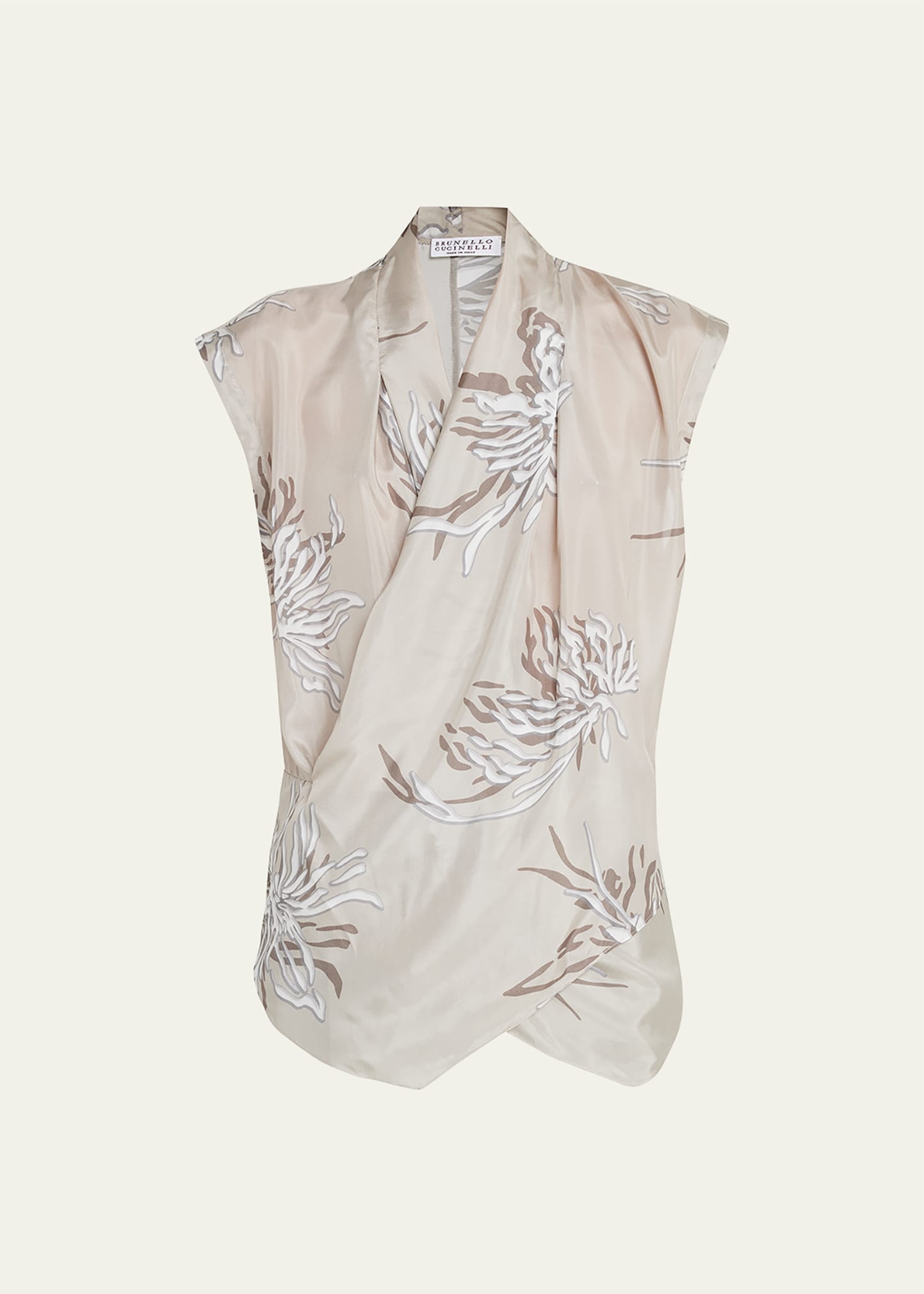 Brunello Cucinelli Marine Botanical-print Silk Wrap Blouse In C6902 Beige
