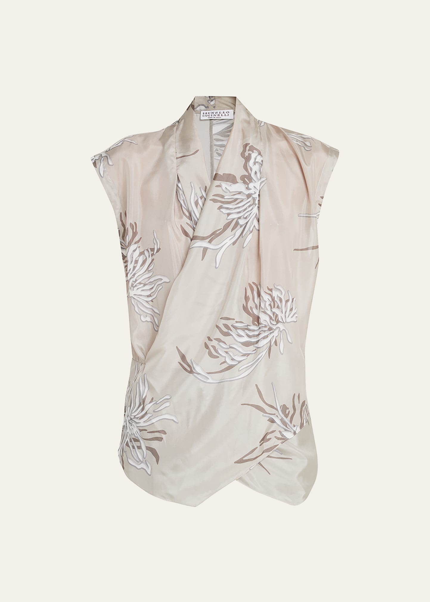 Marine Botanical-Print Silk Wrap Blouse