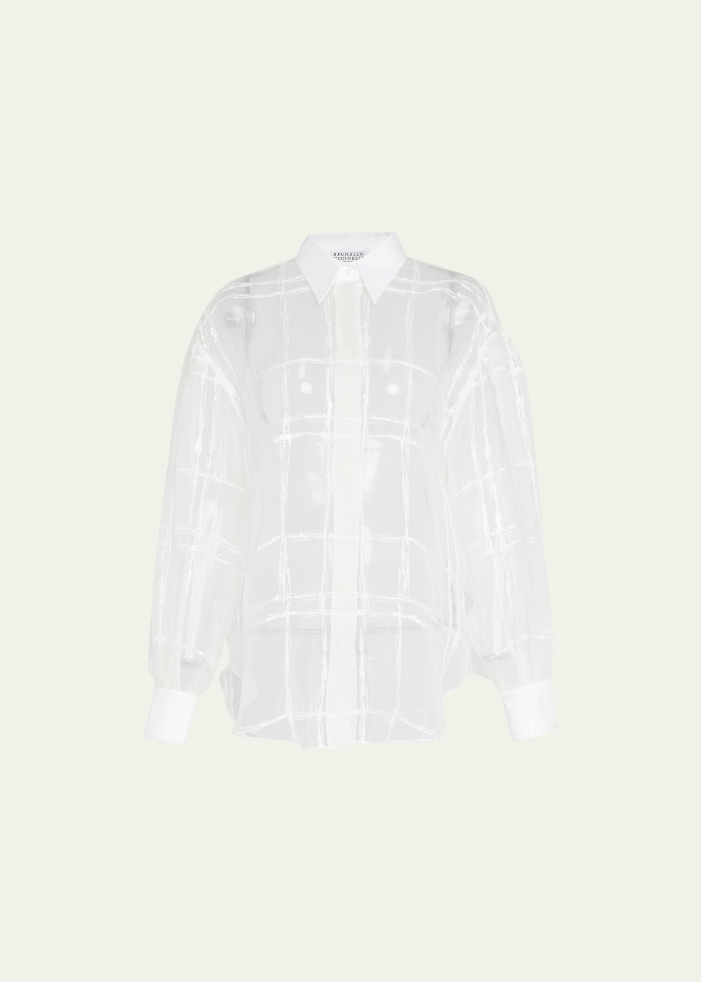 Brunello Cucinelli Organza Paint Stroke Button-front Blouse With Paillette Detail In White