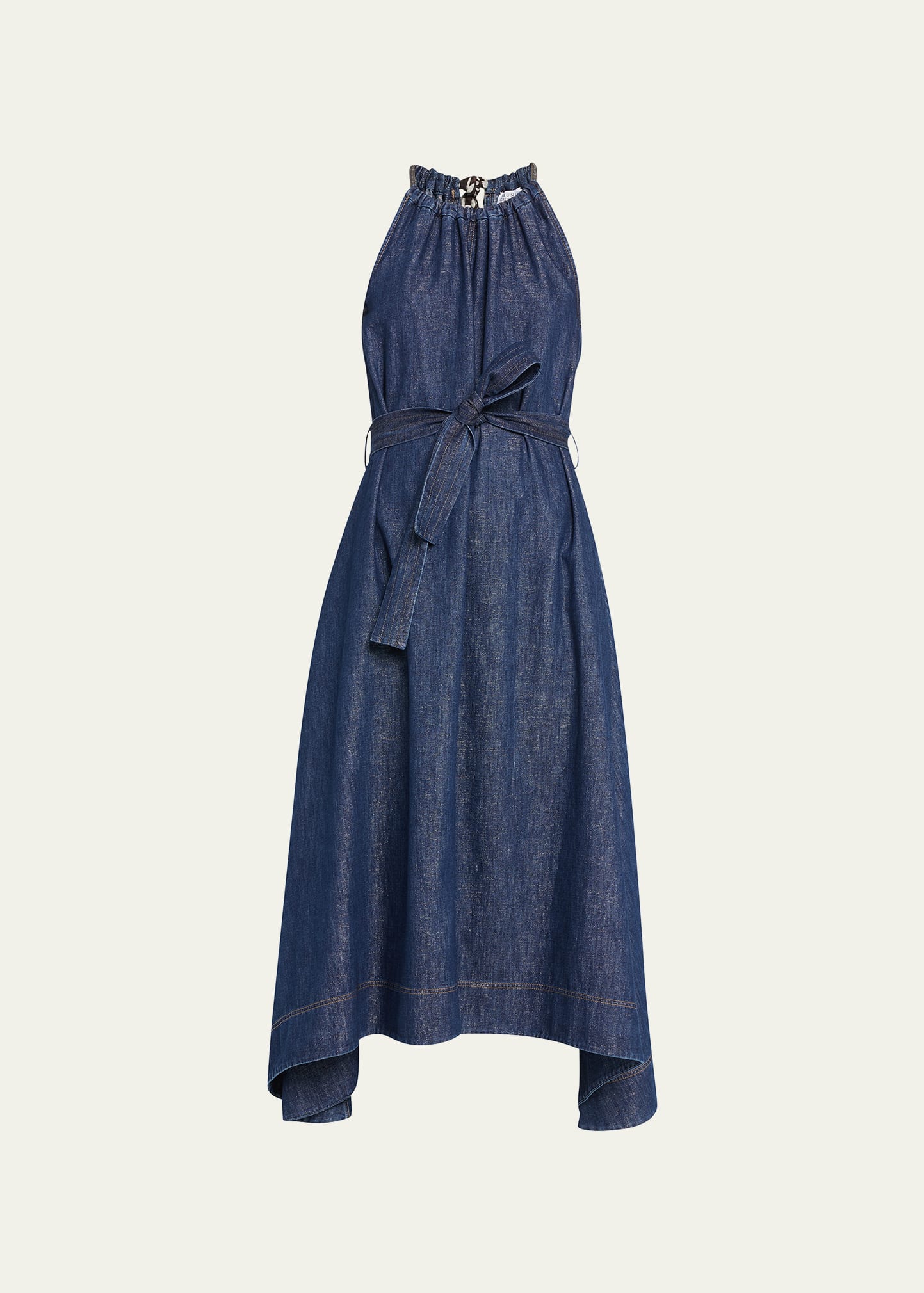 BRUNELLO CUCINELLI DENIM BELTED MIDI DRESS WITH MONILI NECKLINE
