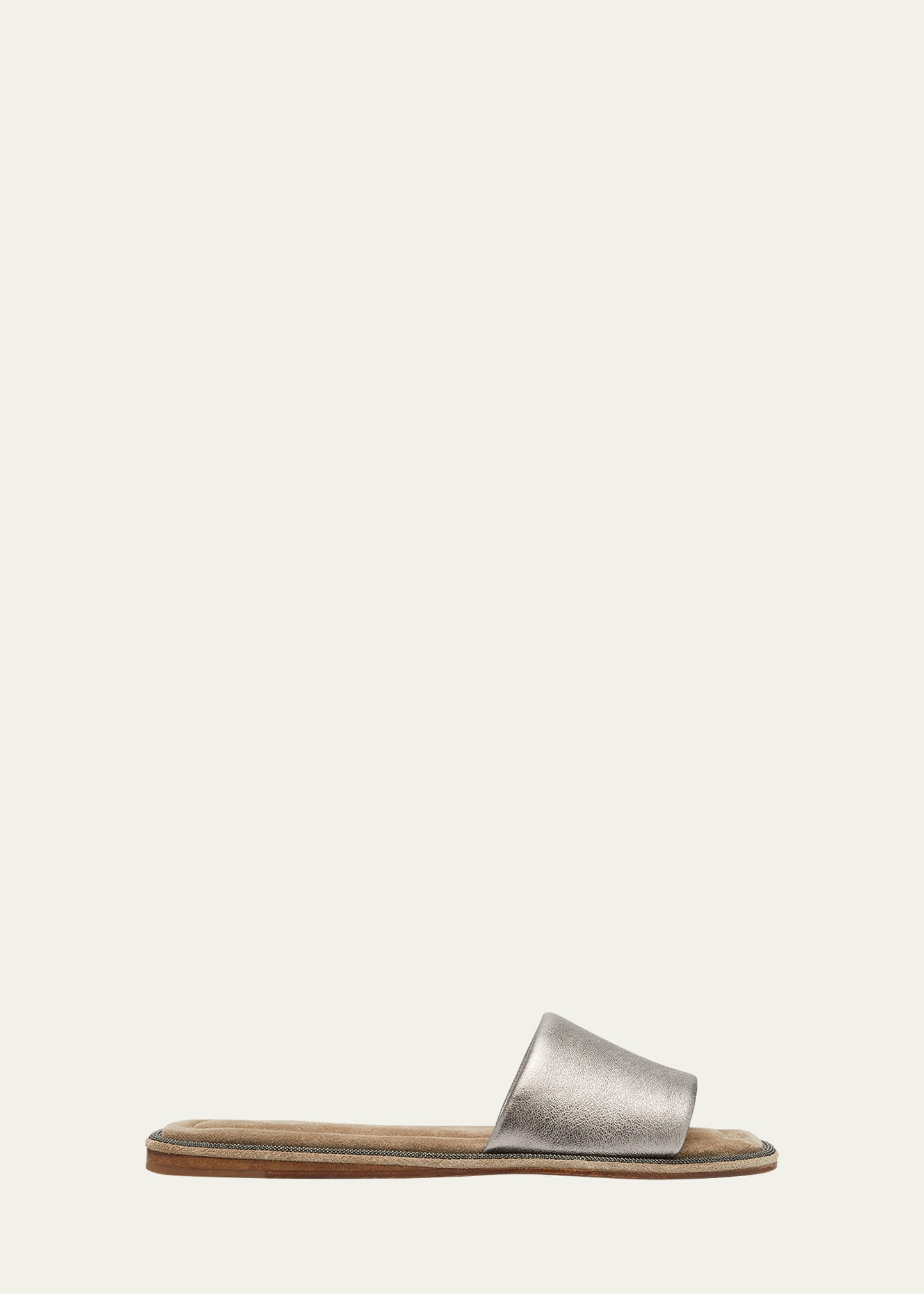 Brunello Cucinelli Metallic Calfskin Flat Slide Sandals In Silver