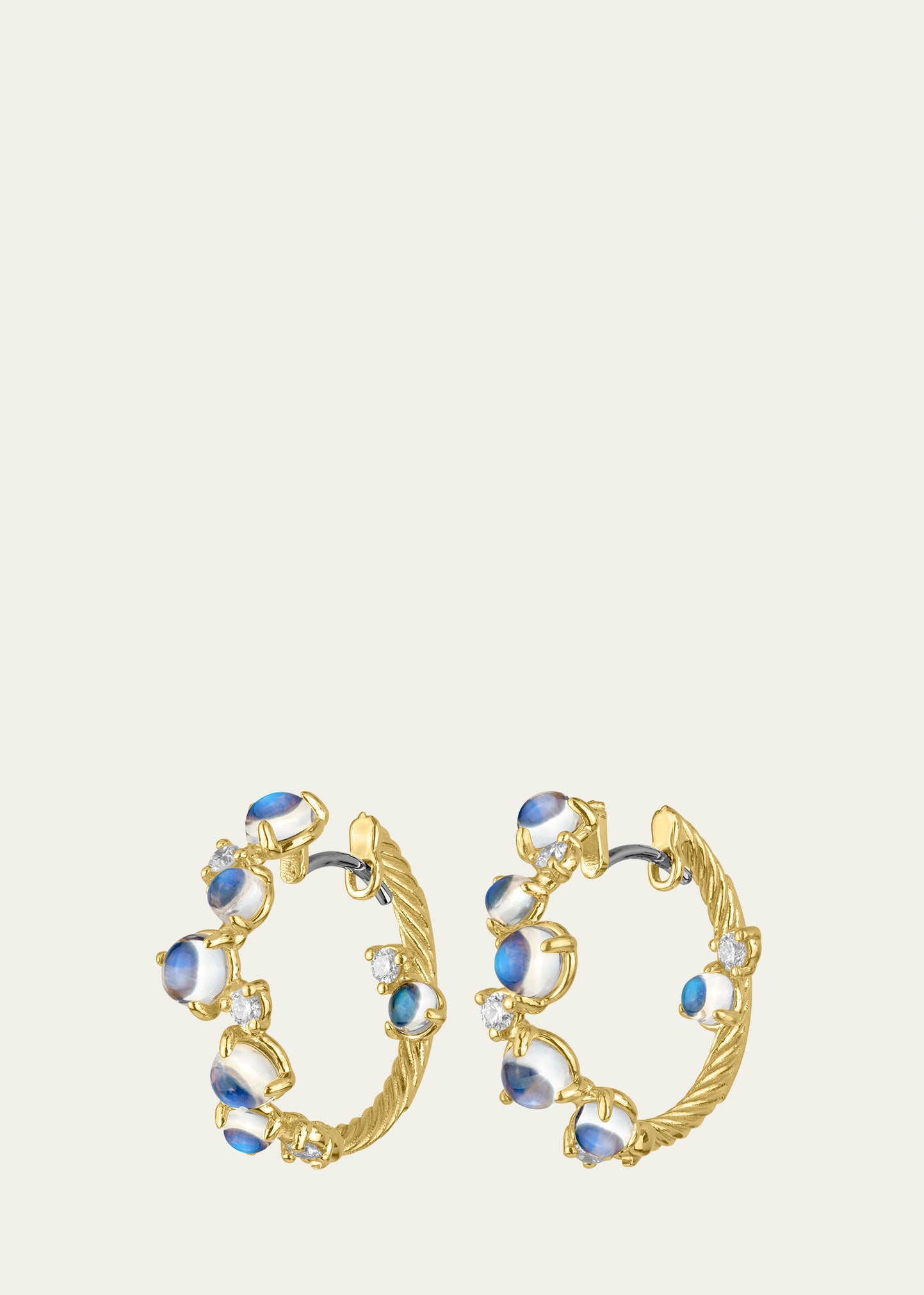18K Yellow Gold Diamond and Moonstone Bubble Snap Hoop Earrings