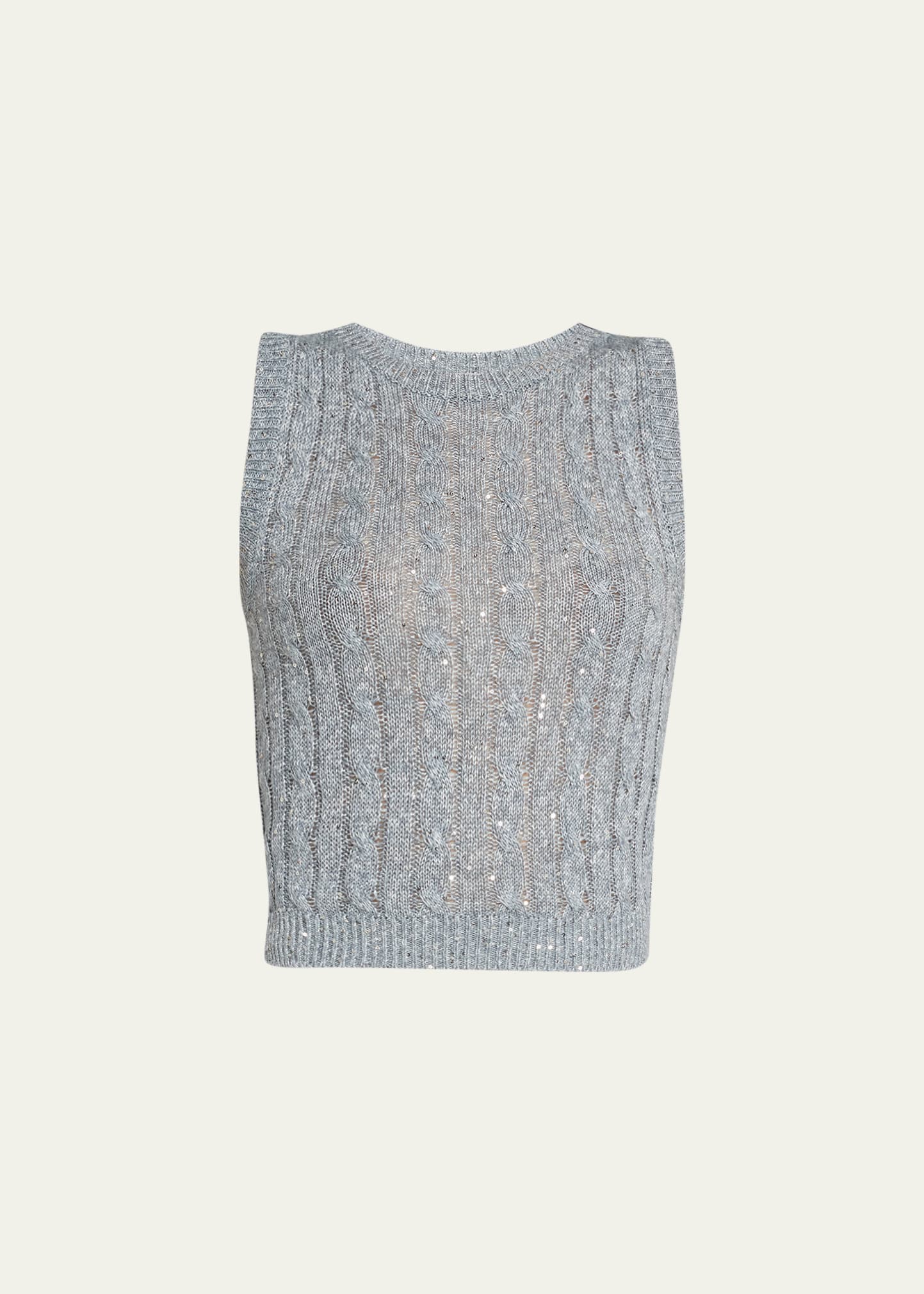 Brunello Cucinelli Cropped Sequin-embellished Cable-knit Linen-blend Vest In C1604 Light Blue