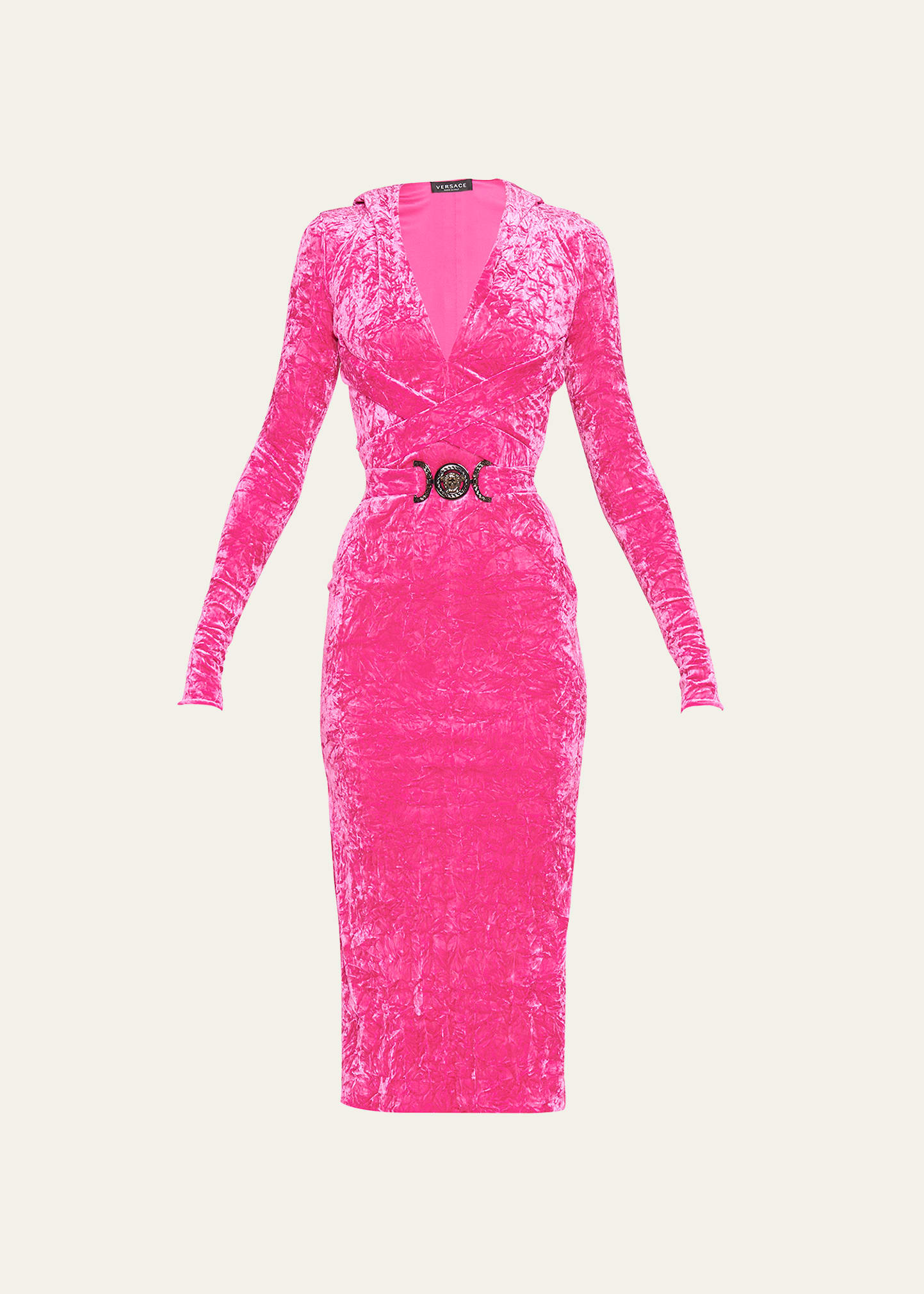 Versace Hooded Long Sleeve Deep V-neck Crushed Velvet Midi Dress In Glossy Pink