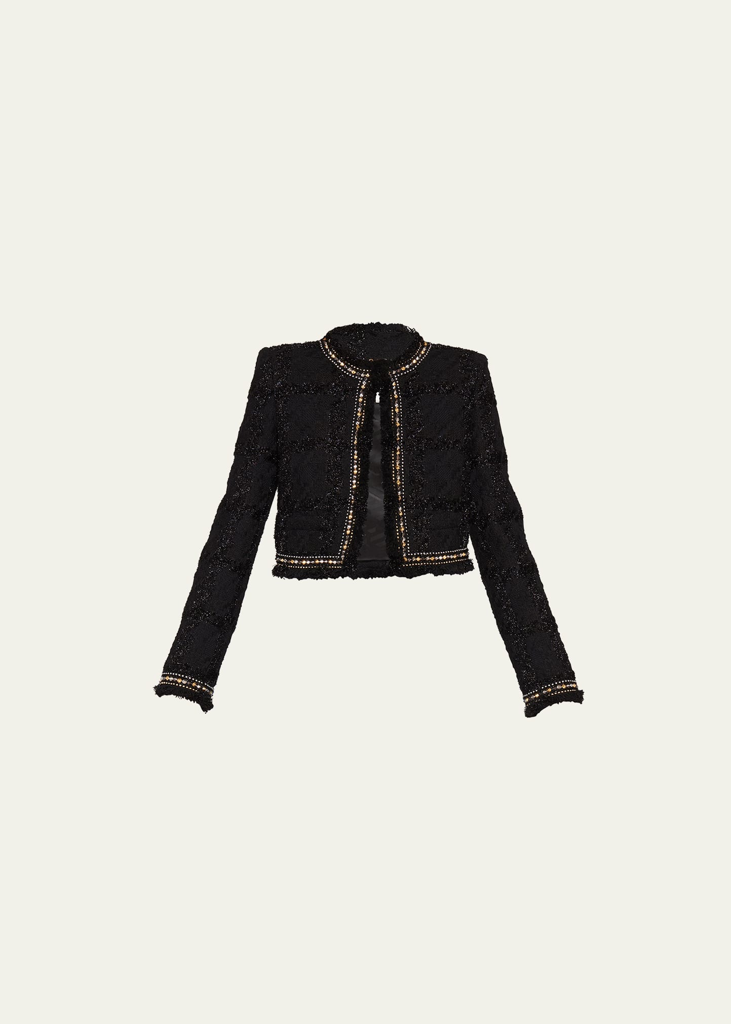 Versace Wool Blend Lurex Tweed Check Crop Jacket In Black