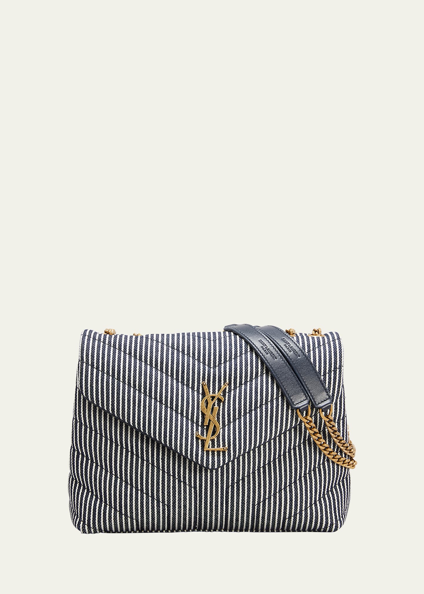 Shop Saint Laurent Loulou Small Ysl Shoulder Bag In Quilted Stripped Denim In Navy