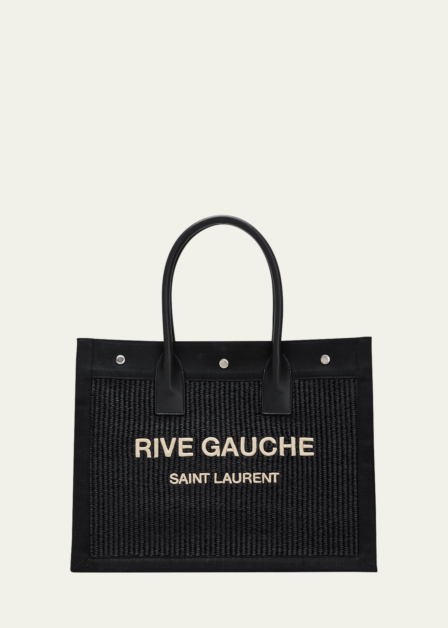 Saint Laurent Women's Rive Gauche Small Tote Bag In Raffia And Leather In Nero Natural Beige