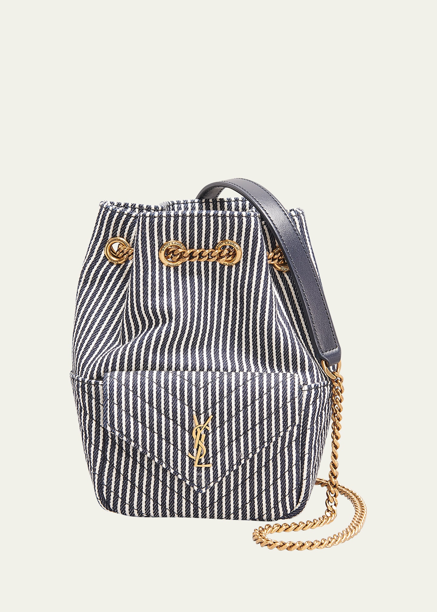 Saint Laurent Mini Ysl Striped Denim Bucket Bag In Navy ModeSens