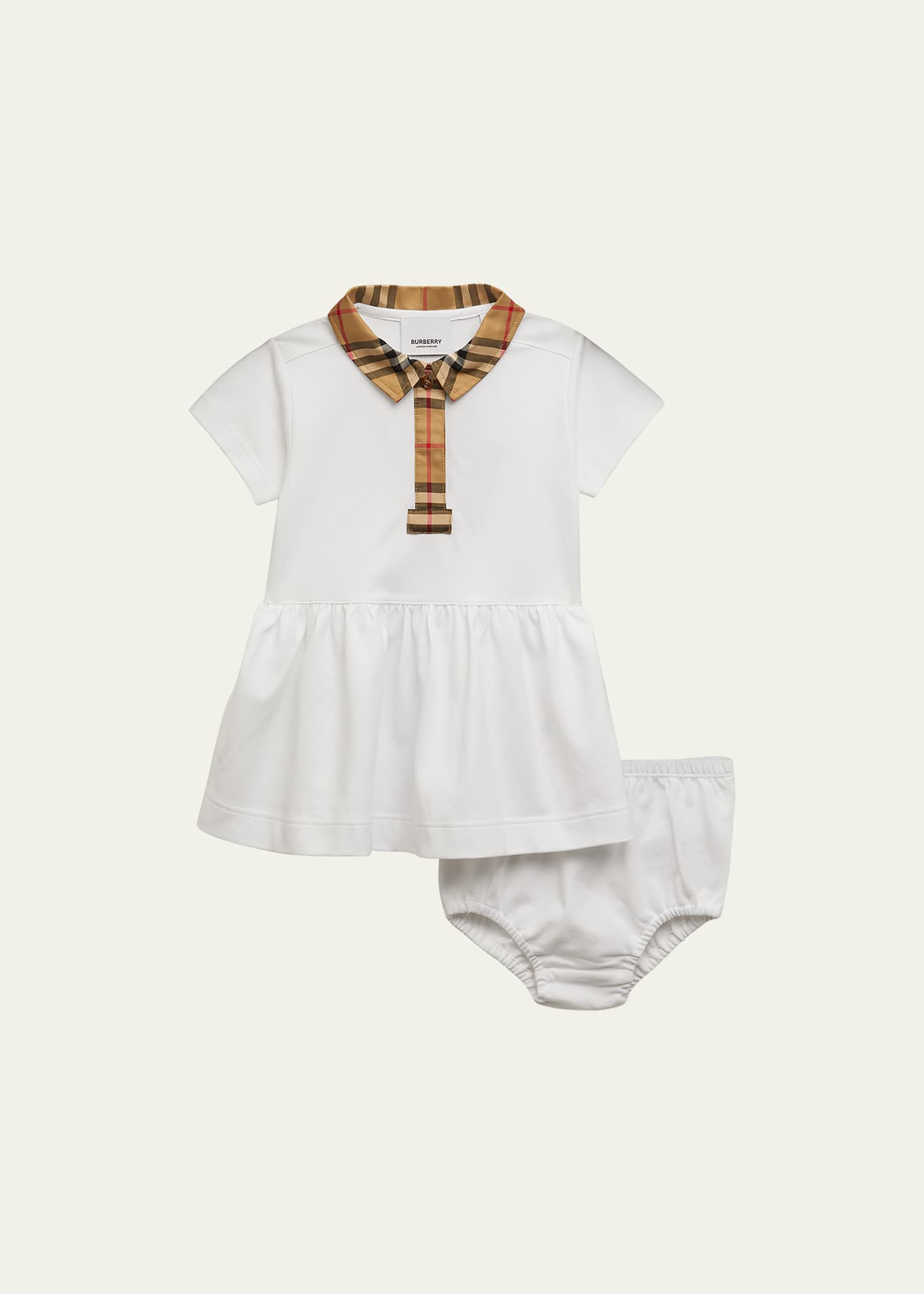 Girl's Tavi Check-Trim Polo Dress & Bloomers, Size Newborn-18M