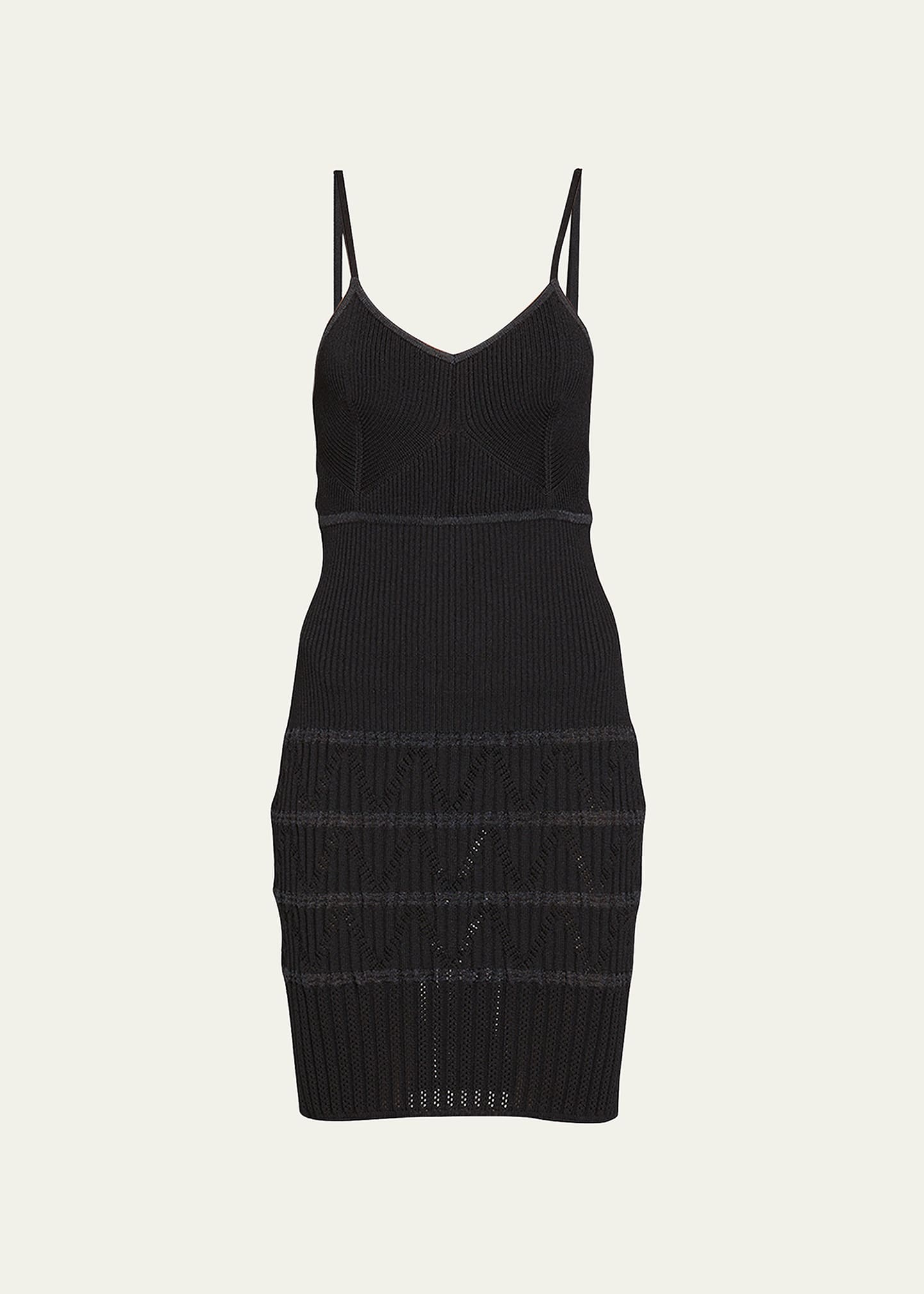 Balmain V Neck Zigzag Pointelle Rib Knit Mini Dress In Black