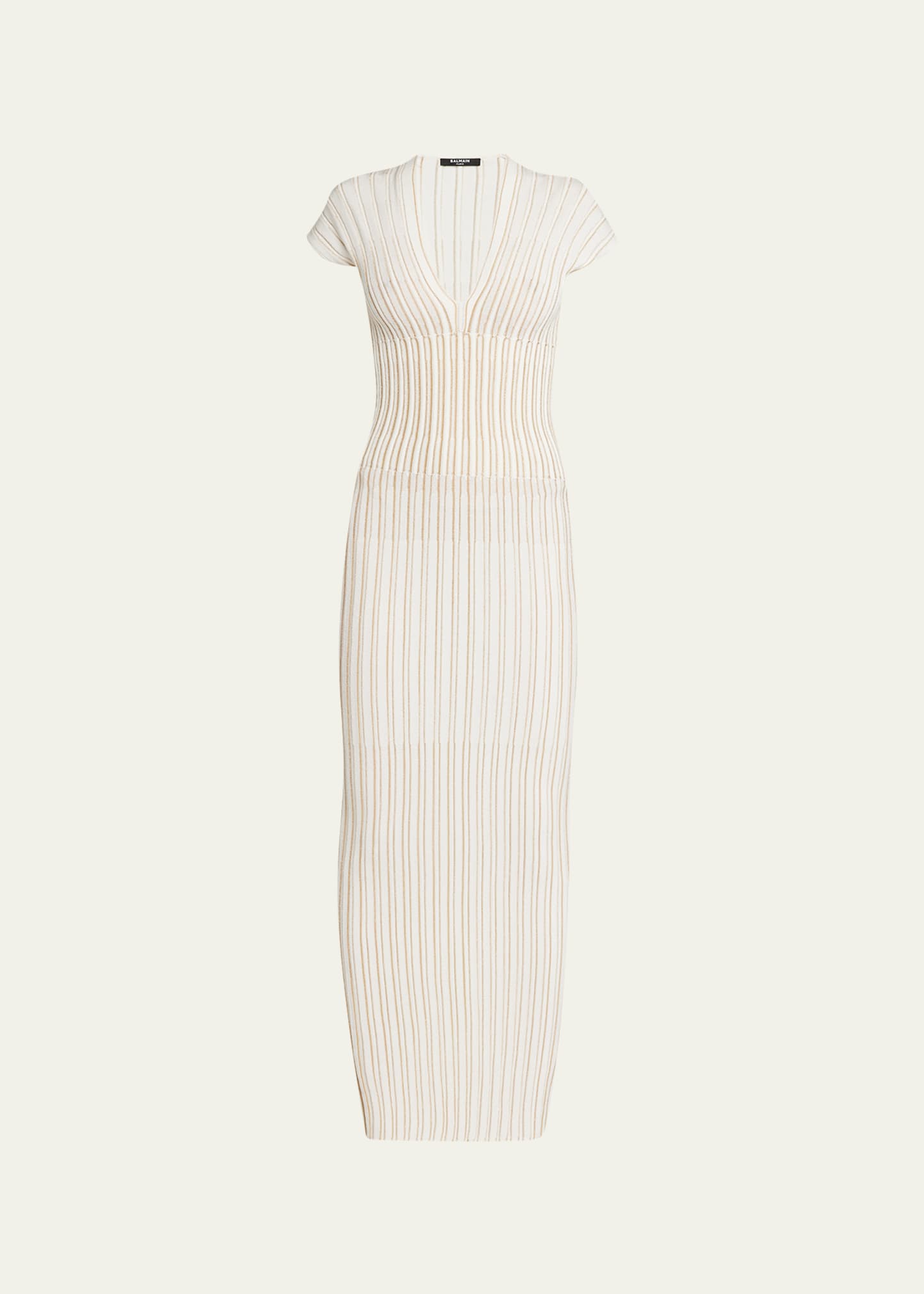 Shop Balmain V-neck Ribbed Knit Dress In Naturalgold