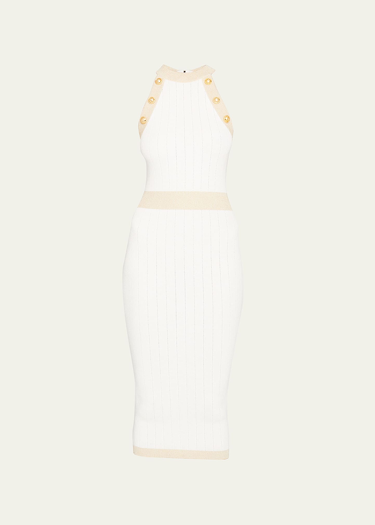 Bicolor Knit Button Shoulder Body-Con Midi Dress