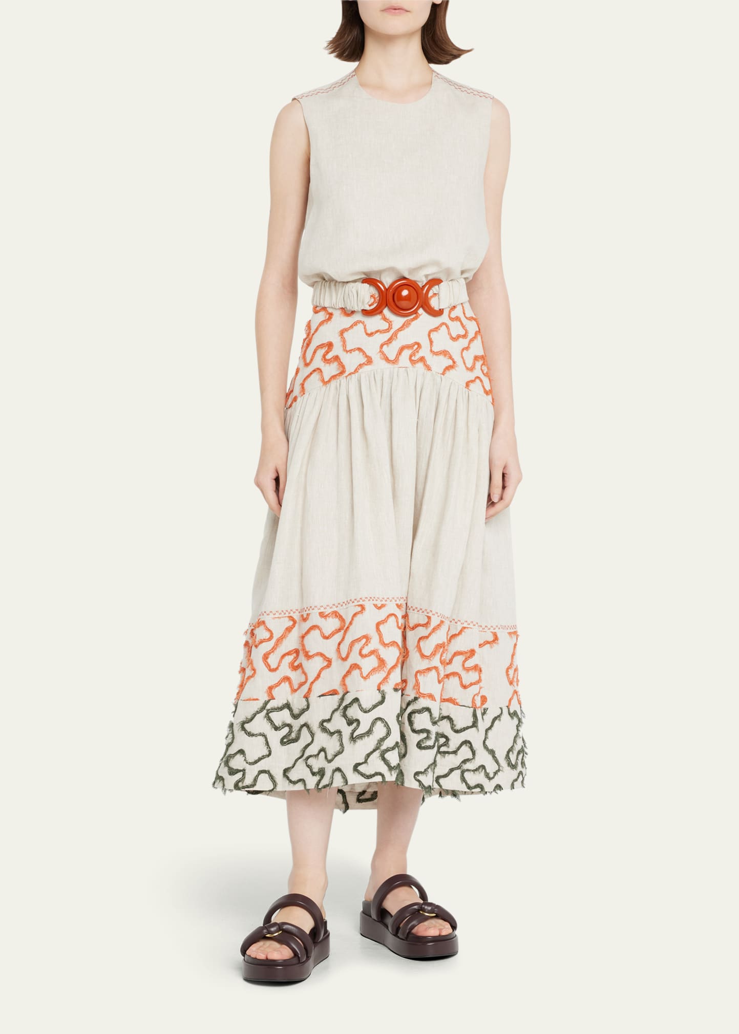 Olive Embroidered Belted Linen Dress