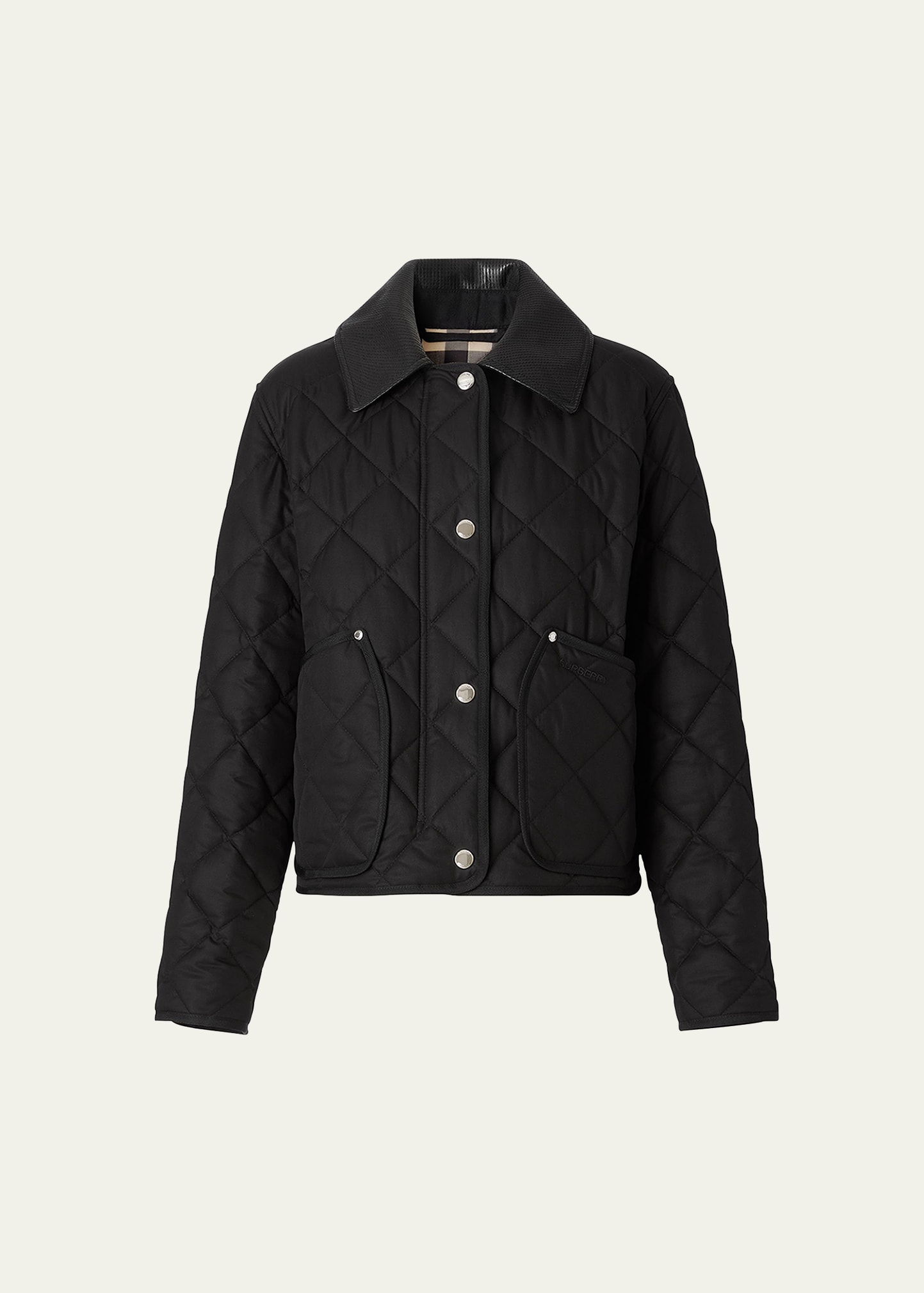 Burberry Lanford Quilted Shirt Jacket with Leather Collar