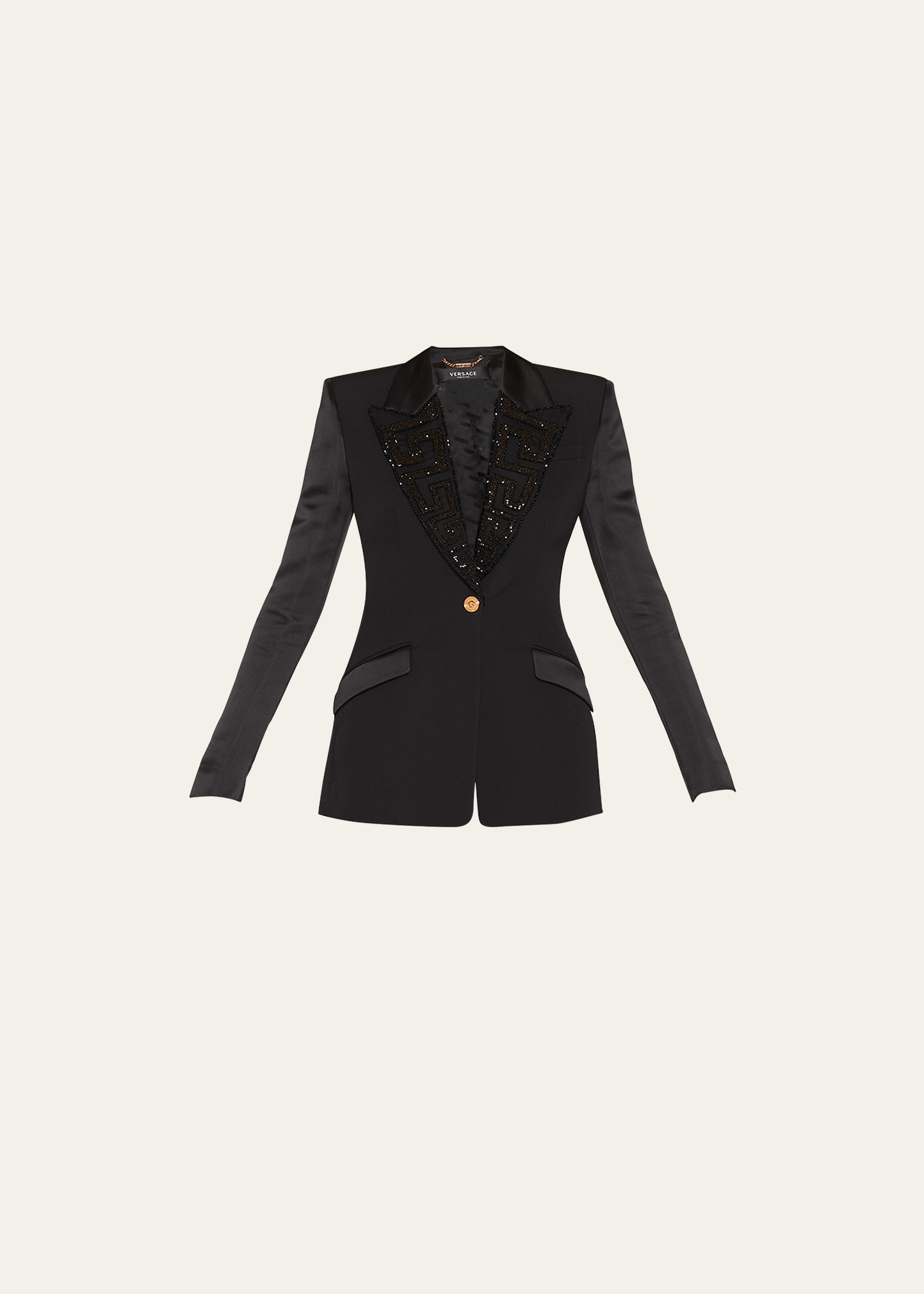 Versace Greca Crystal-embellished Grain De Poudre Evening Jacket In Black