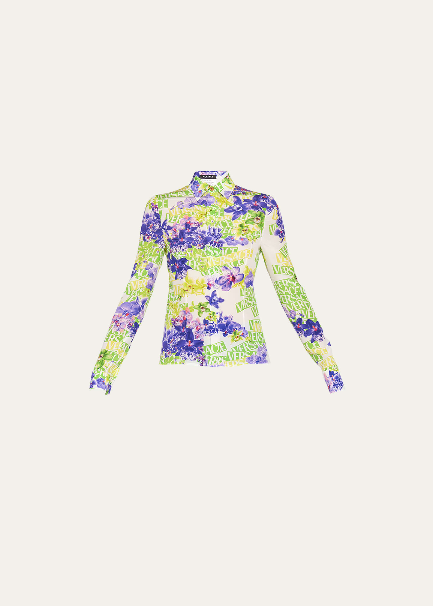 Floral and Logo-Print Button Down Silk Blouse