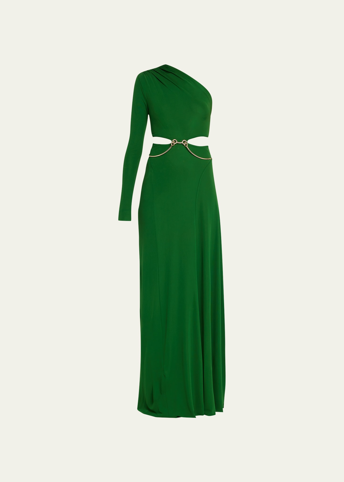 One-Shoulder Cutout Gown with Brass Belt