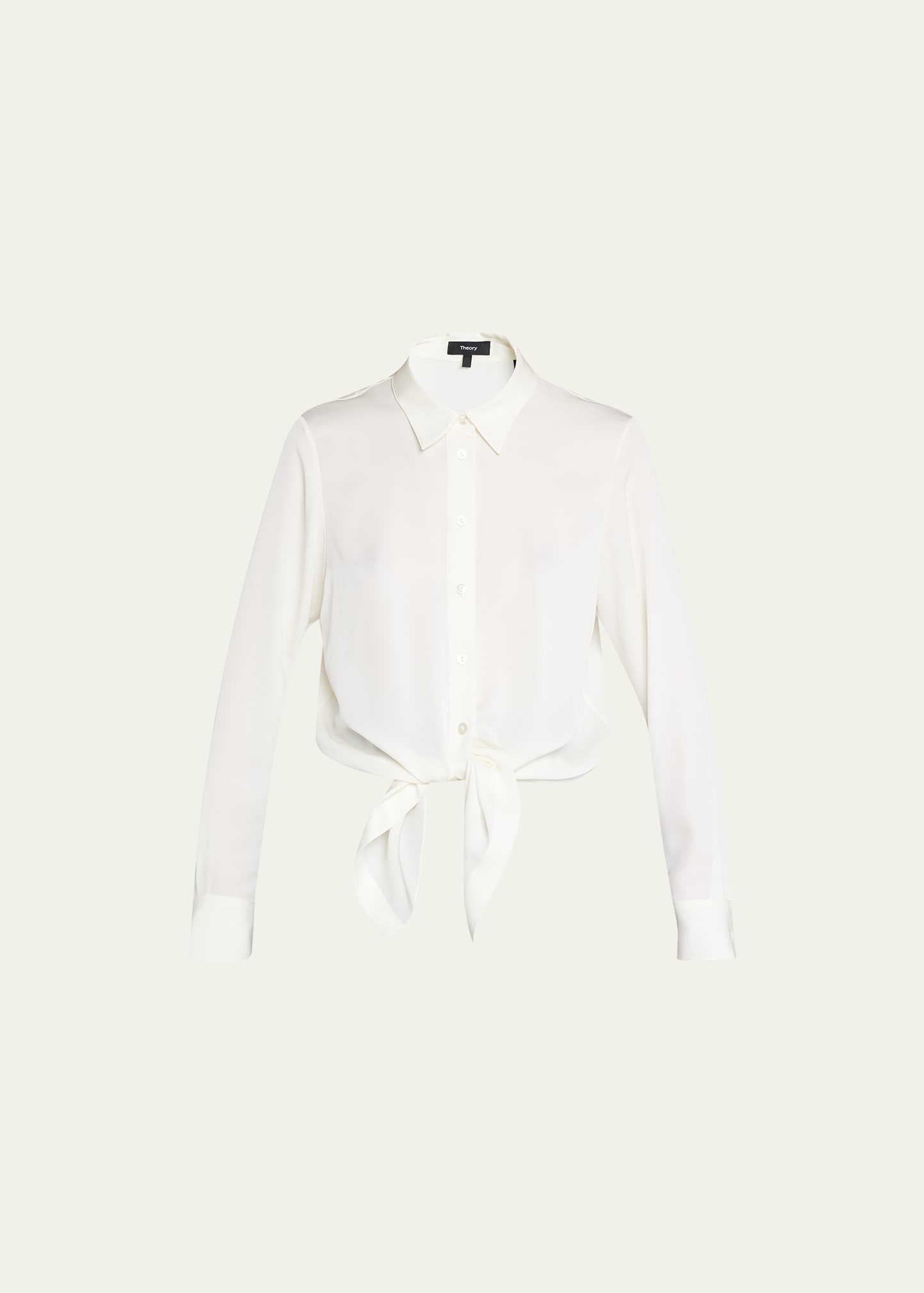 Theory Long Sleeve Button-up Tie Waist Silk Blouse In Ivory