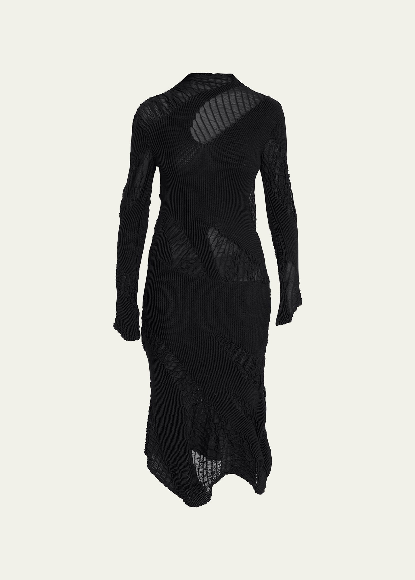 Plisse High-Neck Asymmetric Midi Dress