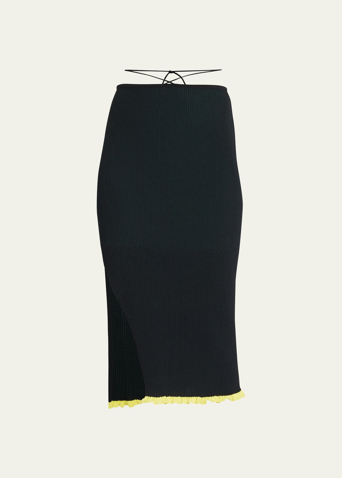 Ribbed Slide Slit Drawstring Midi Skirt