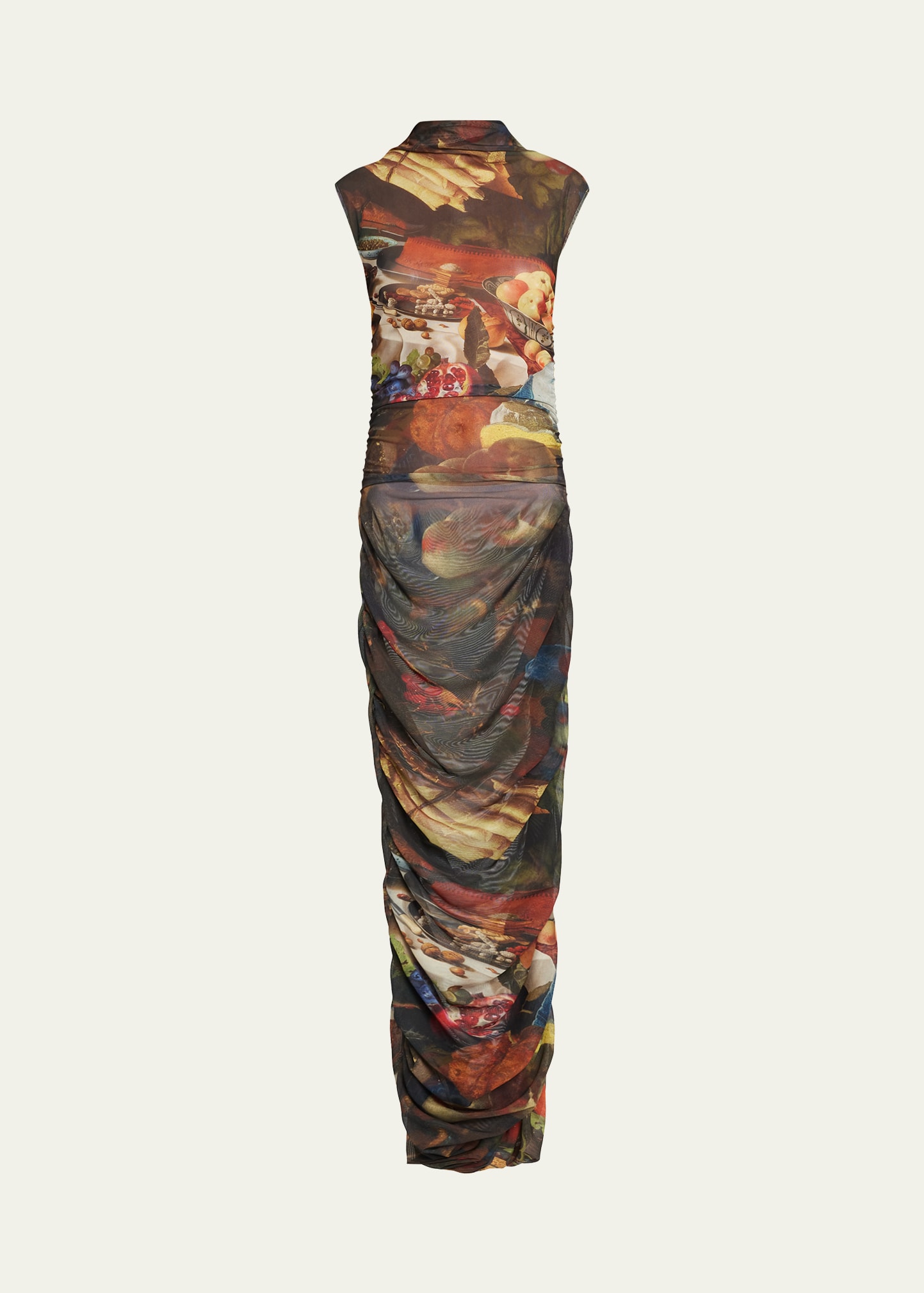 Ruched Fruit-Print Cap-Sleeve Dress