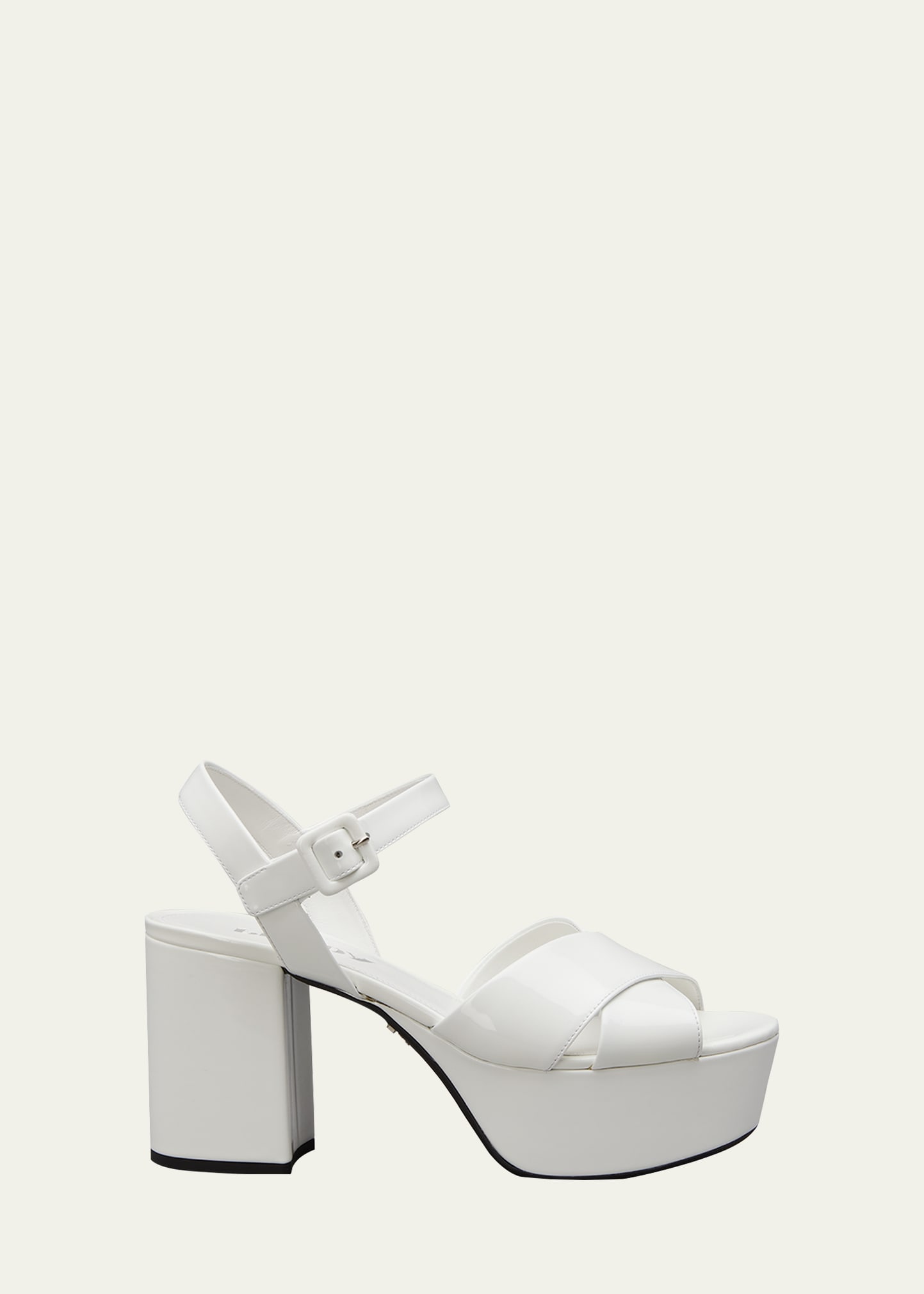 Prada Vernice Patent Leather Crisscross Platform Sandals In Bianco