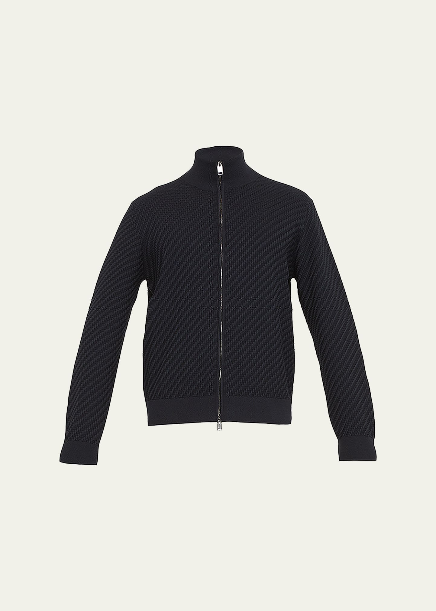 Shop Brioni Men's Basketweave Stitch Full-zip Sweater In Navy