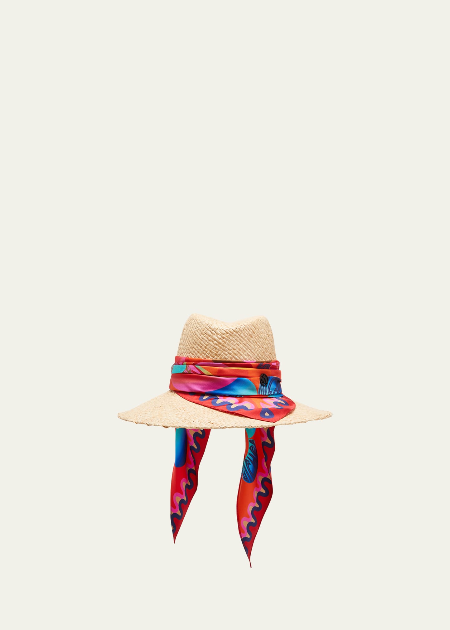 Maison Michel Kate Raffia Straw Fedora With Silk Scarf In Natural