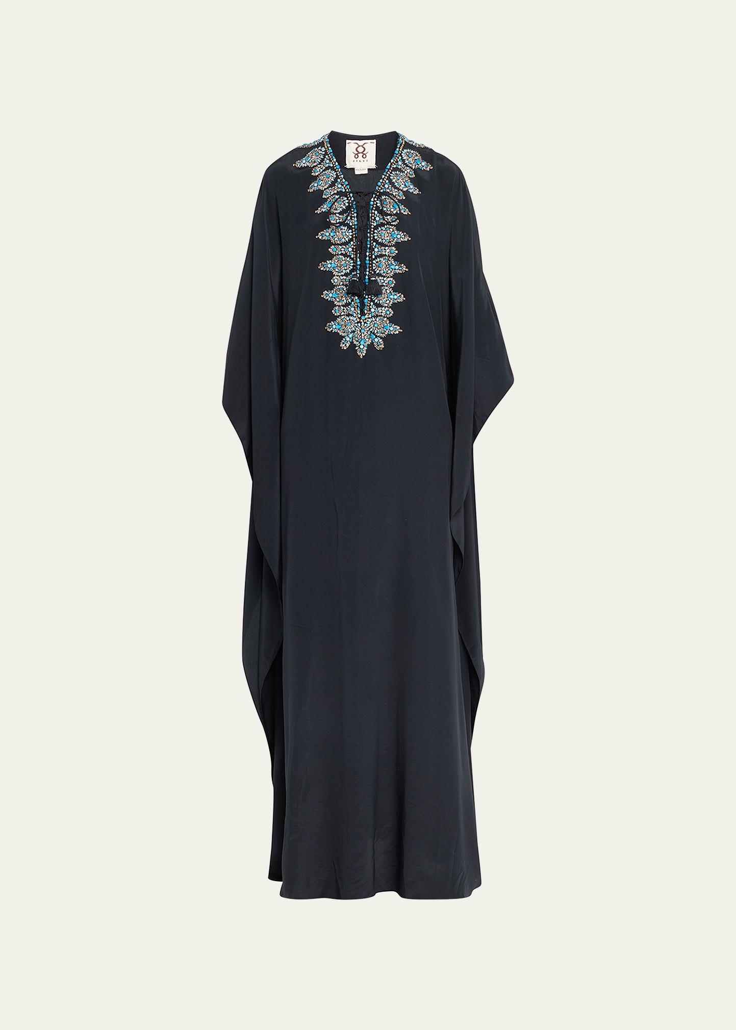 Figue Valentina Bead-Embroidered Lace-Up Silk Kaftan Dress